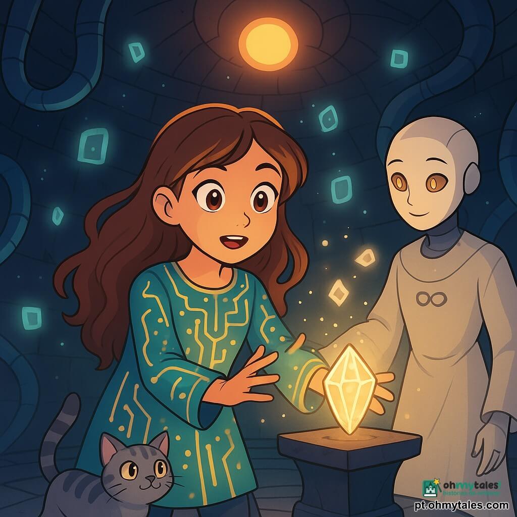 Uma menina de 12 anos, com cabelos longos e ondulados de um tom castanho quente, está no centro da imagem, com os olhos brilhando de admiração e determinação. Ela veste uma túnica leve decorada com padrões de circuitos luminosos, e suas mãos estão estendidas em direção a um cristal cintilante em um altar. Ao seu lado, um androide de rosto suave, com olhos âmbar e um traje flutuante, observa com benevolência, pronto para ajudar. Um pequeno gato cinza com manchas em forma de parênteses se esgueira entre suas pernas, com os olhos brilhando de curiosidade. O cenário é uma sala circular, com paredes de obsidiana brilhante, onde tubos flexíveis pulsando luz serpenteiam como veias. No teto, um sol em miniatura brilha, projetando sombras dançantes no chão. A cena principal mostra a menina cantando suavemente, tentando restaurar o equilíbrio de um antigo código mágico, enquanto memórias luminosas flutuam ao redor deles, criando uma atmosfera mística e reconfortante.