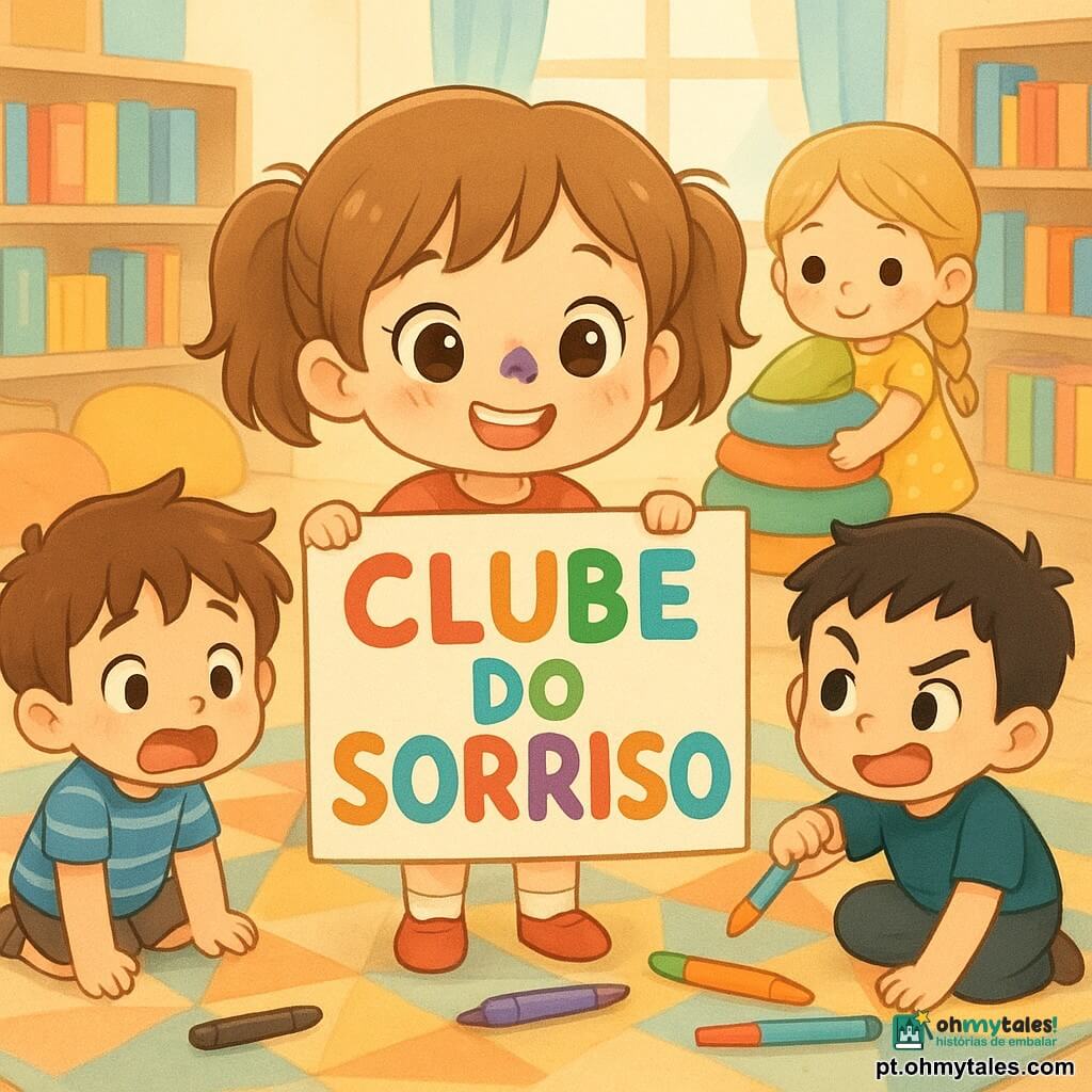 Clara, 8 anos, alegre e tímida com uma mancha violeta de marcador no nariz e rabo de cavalo bagunçado, segura um grande cartaz colorido CLUBE DO SORRISO; à esquerda, Tiago, 8, risonho e surpreso, agachado olhando um marcador laranja com expressão cômica de medo; à direita, Martim, 8, malicioso, imita um maquinista empurrando um marcador como locomotiva; atrás, Inês, 8, concentrada e sorridente, arruma almofadas como pequena estação; cenário: cantinho de leitura escolar luminoso e acolhedor com tapete geométrico, estantes baixas, almofadas coloridas e marcadores espalhados, crianças formando um “comboio” de marcadores em clima caloroso e cores vivas, composição centrada em Clara e seu cartaz.