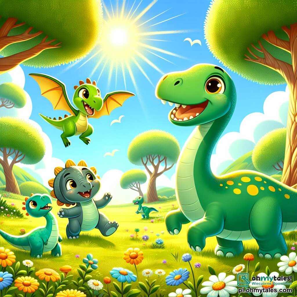 Młody diplodok nazwany Dino, z zieloną skórą i żółtymi plamami, radośnie stoi na środku sceny, z długą szyją wyciągniętą w stronę nieba i szerokim uśmiechem. Po jego lewej stronie mały pterodaktyl o imieniu Ptero, z jaskrawoniebieskimi skrzydłami i pomarańczowym dziobem, lata w kółko wokół Dino, śmiejąc się i bawiąc. Po prawej stronie mały triceratops o imieniu Trix, z zielonym pancerzem i trzema białymi rogami na głowie, z błyszczącymi oczami patrzy na swoich przyjaciół, gotów do dołączenia do zabawy. Scena rozgrywa się na rozległej, zielonej łące, usianej kolorowymi kwiatami i dużymi drzewami o bujnych liściach, pod jasnoniebieskim niebem z kilkoma białymi, puszystymi chmurami. Dinozaury bawią się razem, biegając i chowając się za dużymi pniami drzew, pełne radości i energii, podczas gdy słońce ciepło świeci na nie.