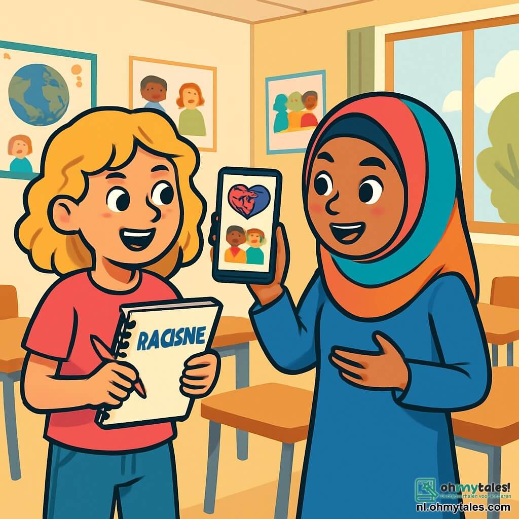 Er zijn 2 hoofdpersonages: - Lotte: 12-jarig meisje met blond, krullend haar, gekleed in een roze t-shirt en een spijkerbroek. Ze is glimlachend en houdt een schrift in haar handen, staande aan de linkerkant. - Amira: 12-jarig meisje met lang, zwart haar, gekleed in een kleurrijke hijab en een blauwe jurk. Ze heeft een vastberaden blik en staat rechts van Lotte met een smartphone in haar hand. De belangrijkste locatie van dit verhaal is een heldere klaslokaal, met muren versierd met kindertekeningen en posters over culturele diversiteit. Houten bureaus zijn in een cirkel geplaatst, en een groot raam laat zonlicht binnen, waardoor de ruimte verlicht wordt. De hoofdsetting van het verhaal toont Lotte en Amira die enthousiast discussiëren over hun schoolproject over racisme. Lotte schrijft aantekeningen in haar schrift, terwijl Amira foto's op haar smartphone laat zien, die verhalen van diversiteit illustreren. De twee meisjes wisselen ideeën uit in een vriendelijke en samenwerkende sfeer.