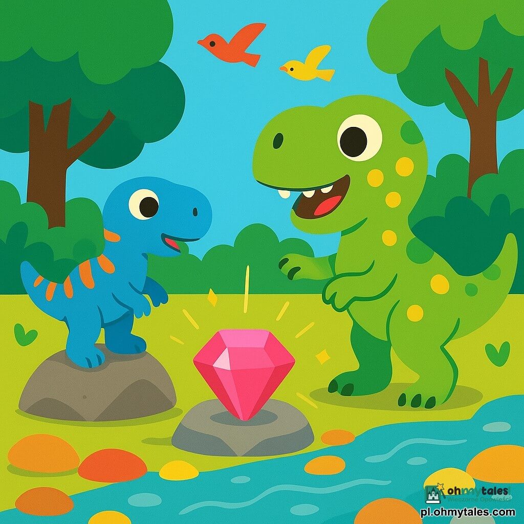 Uśmiechnięty mały Tyranozaur Rex jasnooliwkowy z żółtymi plamkami, o okrągłych błyszczących oczach, stojący na dwóch nogach i wyciągający łapę w stronę dużego różowego kamienia; obok po lewej Bazyli, mniejszy przyjacielski dinozaur niebieski z pomarańczowymi paskami, z ogonem uniesionym i łapami na skałce, patrzący zdumiony; duży błyszczący różowy kamień na głazie nad rzeką, delikatne promienie i złote iskierki; przejrzysta rzeka z gładkimi kolorowymi kamykami, brzegi z wysokimi drzewami o szerokich liściach i kolorowymi ptakami na niebie; jasna, nasycona kolorystyka, proste kształty, kompozycja skupiona na trójce Tyranozaur–Bazyli–kamień, styl dziecięcy czytelny w małej skali.
