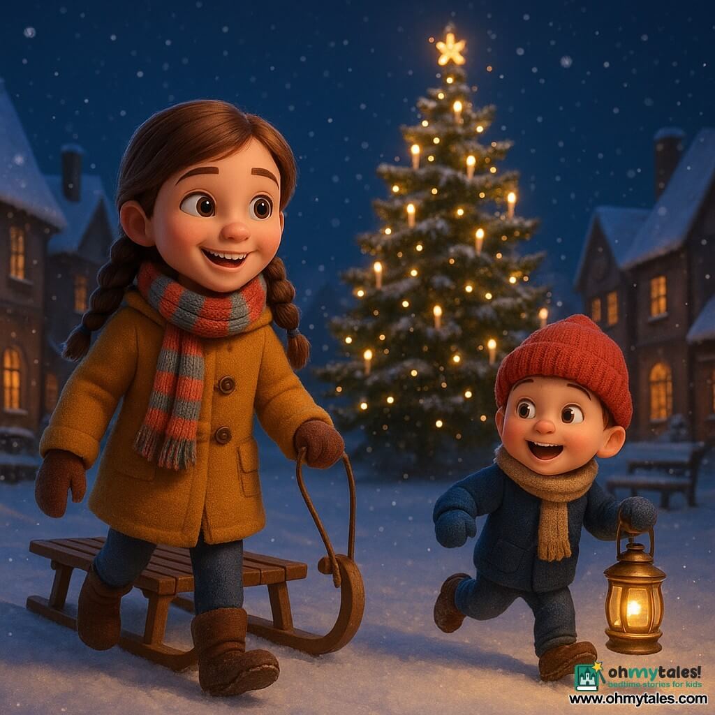 An 8-year-old girl, Clara, with neatly braided hair and a face beaming with joy, pulls an old polished wooden sled. She wears a colorful scarf and a warm winter coat. Beside her, her 5-year-old brother Toby, with rosy cheeks and a woolen hat, joyfully runs while holding a shiny brass lantern. They are in the village's central square, where a large Christmas tree decorated with candle-shaped lights stands majestically. Around them, snowflakes gently fall, covering the rooftops and shimmering snowbanks. The main scene shows Clara and Toby stopping in front of the tree, surrounded by small dancing lights escaping from the lantern, illuminating the winter night with a magical and warm glow.
