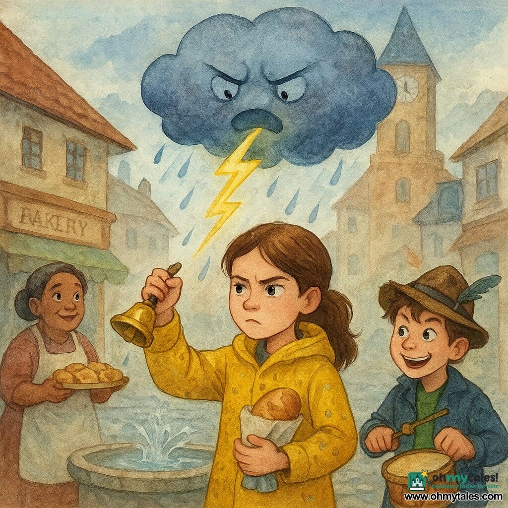 A 12-year-old girl, Mira, focused and determined with brown hair in pigtails and a yellow raincoat spotted with drops, stands at the edge of a wet fountain holding a shiny brass bell in one hand and a small roll with a paper tag tied by blue string in the other; a mischievous, eager 12-year-old boy, Finn, in a worn hat with a feather, stands slightly behind her to the right holding a dented drum ready to count; warm, round Mrs. Puddlewick, about fifty, in a flour-dusted apron, stands under a bakery awning to the left holding a tray of buns and watching hopefully; above the clock belfry looms an anthropomorphic gray-blue storm cloud with furrowed rain-brows, clawlike lightning and a mouth that sneezes a dramatic bolt with cute raindrop pouts; the stone-paved village square is wet with a central fountain, shop signs, clotheslines and closed umbrellas on the ground, gray daylight and a colorful, damp atmosphere; central action: Mira rings the bell beneath the sulky cloud as a gust lifts the roll skyward and the cloud sneezes spectacular lightning while the characters react with dynamic gestures and exaggerated expressions, composition centered on the contact between bell, roll and cloud.