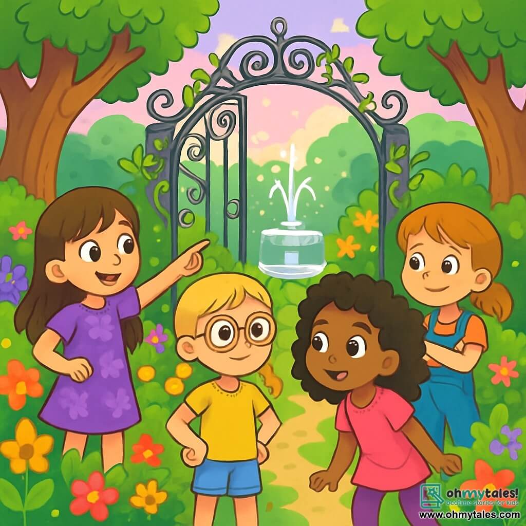 There are 4 children: - Amira: an 8-year-old girl with long brown hair and sparkling eyes, wearing a purple floral dress. She stands on the left, pointing at the mysterious portal. - Chloe: an 8-year-old girl with braided blonde hair and round glasses, dressed in a yellow t-shirt and denim shorts. She is in the center, hands on her hips, displaying a curious smile. - Sophia: an 8-year-old girl with curly black hair and caramel skin, wearing a pink tunic and leggings. She is on the right, leaning forward, gazing at the garden in wonder. - Zoe: an 8-year-old girl with red hair and freckles, wearing blue overalls. She is behind Sophia, arms crossed, looking at the garden with an intrigued expression. The setting is an enchanting garden filled with bright flowers, large gnarled trees, and a lavender sky dotted with fluffy clouds. In the center, a sparkling fountain sprays water droplets that shine like diamonds in the sun, while a wrought-iron gate covered in silver vines stands at the entrance. The main scene shows the four friends discovering the mysterious portal, their faces lit up with curiosity and wonder, ready to enter a magical world filled with secrets and wisdom.
