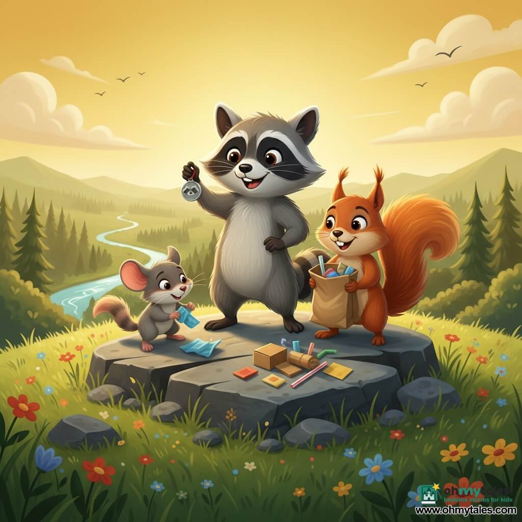 A young raccoon named Tilly with a gray-and-black masked face, bright smiling eyes and a proud, joyful posture holds a small silver medal engraved with a raccoon; a red squirrel called Benny with glossy fur, a bushy plume tail and a mischievous, enthusiastic expression stands slightly in front of Tilly holding a paper bag of trash; a small gray mouse named Marnie with fine whiskers and a focused smile crouches by a rock picking up a crumpled wrapper; they stand on a grassy hilltop strewn with colorful wildflowers, a large flat rock at the center, a neat pile of collected trash (cardboard boxes, straws, colorful papers) beside them, a panoramic view of a forest and a sparkling stream in the distance under warm late-afternoon golden light with soft shadows and a few birds in flight, evoking teamwork and pride in a vivid, clean-textured modern illustrative style.