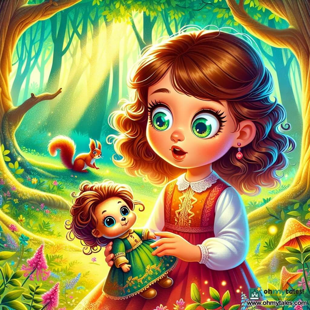 An 8-year-old girl named Lily, with curly brown hair and sparkling curious eyes, holds an antique doll with a mysterious smile in her arms. She has a look of wonder and excitement on her face, her cheeks slightly flushed from adventure. Nearby, a small squirrel with bright eyes and brown fur stands on a branch, watching Lily with curiosity, as if encouraging her to explore further. The setting is an enchanted clearing surrounded by majestic trees with gnarled trunks and vibrant green leaves, where rays of sunlight filter through the foliage, creating bright patterns on the ground covered with colorful wildflowers. The main scene shows Lily discovering the forgotten doll at the center of the clearing, surrounded by mysterious whispers, with an atmosphere that is both magical and slightly unsettling, as if the woods were revealing an ancient secret.