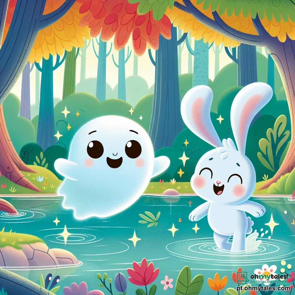 Um fantasma amigável chamado Nino, transparente e luminosa, flutua alegremente sobre um lago cintilante. Seu rosto é sorridente, com grandes olhos suaves que expressam bondade. Ele tem uma forma ligeiramente arredondada, com contornos borrados, e pequenas estrelas cintilam ao seu redor. Ao lado dele, Lili, uma coelhinha de pelagem branca como a neve, observa a pedra mágica no fundo do lago. Ela tem grandes olhos curiosos e suas longas orelhas estão em pé, mostrando sua empolgação. Lili está saltando alegremente, pronta para mergulhar na água. O lugar é uma floresta encantada, com árvores majestosas de folhas brilhantes e flores coloridas ao redor do lago. O sol filtra através dos galhos, criando reflexos de luz no ar. A cena principal mostra Lili se preparando para mergulhar no lago para tocar a pedra mágica, enquanto Nino a encoraja com um sorriso caloroso, criando uma atmosfera de magia e amizade.