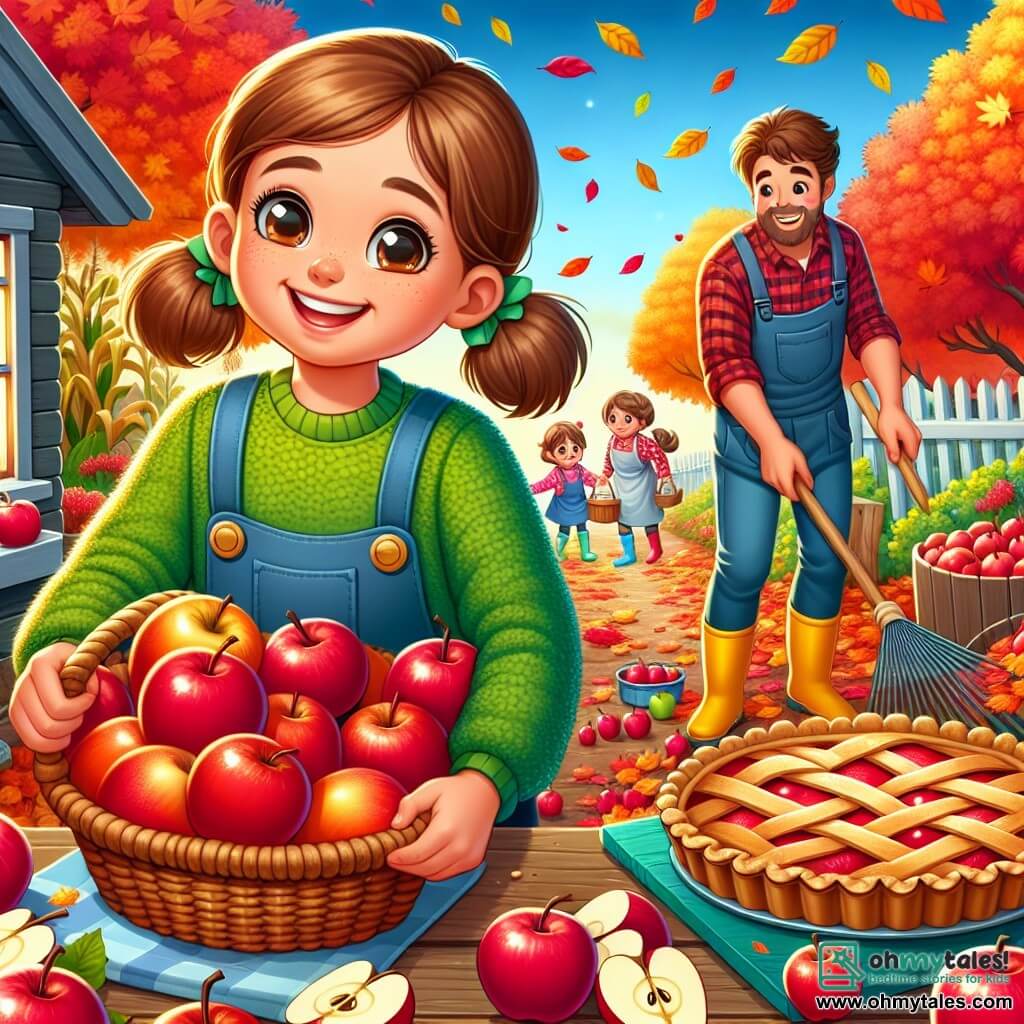 An 8-year-old girl with curious eyes and brown pigtails joyfully smiles while holding a basket filled with shiny red apples. She wears a bright green sweater and yellow rubber boots, her face radiating excitement. Next to her, her mother, a woman in her thirties with brown hair in a bun, is slicing apples on a wooden board, surrounded by delicious apple pies cooling on the windowsill. The father, a sturdy man with a brown beard and a straw hat, is raking colorful leaves in the garden, creating a beautiful pile of golden and red leaves. The scene takes place at Maple Leaf Farm, a picturesque place with majestic trees displaying vibrant leaves, a lush vegetable garden filled with autumn produce, and a rustic wooden house adorned with corn garlands. The main focus shows Emily, full of energy and joy, ready to help her family harvest autumn fruits, while the fresh air is filled with the sweet scent of apples and the sound of leaves crunching underfoot.