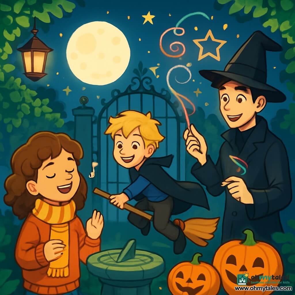 There are three characters: Mara, a 10-year-old girl with curly brown hair and sparkling eyes, wearing an orange sweater and a striped scarf, softly singing while looking at the stars; Theo, a 10-year-old boy with messy blonde hair and a mischievous smile, dressed as a wizard in a black cape, holding a wooden broom ready to twirl; and Luka, a 19-year-old young man with dark hair and gentle eyes, wearing a long black coat and a wizard hat, drawing shapes in the air with colored chalk. The setting is a secret garden hidden behind an old iron gate, surrounded by green ivy and twinkling lanterns. Smiling-faced pumpkins are scattered around an old stone sundial covered in moss. The moonlight gently illuminates the garden, creating a magical and mysterious atmosphere. The main scene shows Mara singing a sweet melody while Theo twirls with his broom and Luka draws fun shapes in the air with chalk. The three friends laugh together, creating a joyful and festive Halloween atmosphere.