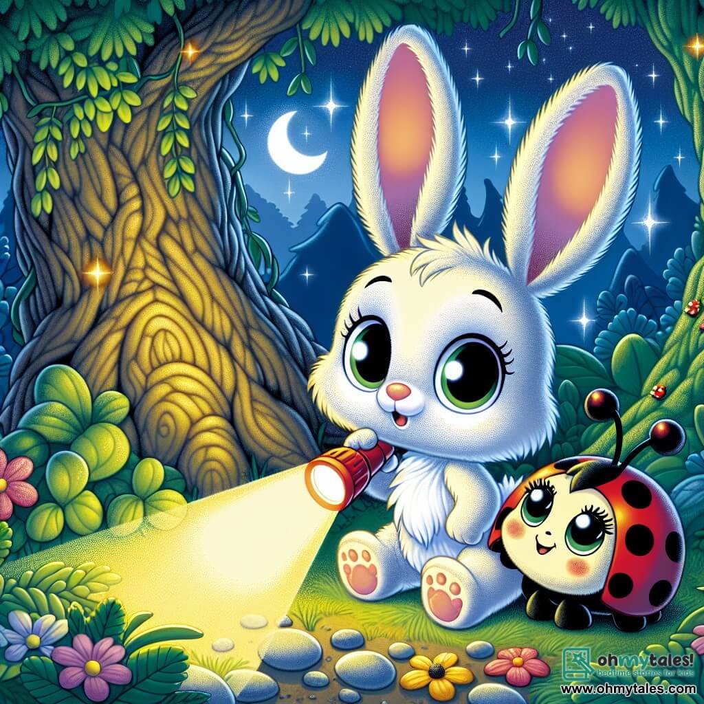 In the center of the image, Benny the Rabbit, a small rabbit with big ears and soft white fur, stands with a curious and slightly worried expression. His bright eyes reflect the light from a small flashlight he holds in his paws, illuminating his face with a warm glow. Next to him, Lily the Ladybug, a small red ladybug with black spots, joyfully flies around. She smiles with sparkling eyes and brightens the scene with her own little flashlight. She is perched on a leaf, slightly higher than Benny, and seems to encourage her friend not to be afraid. The setting is a magical forest, with tall trees having gnarled trunks and green leaves shimmering under the moonlight. The ground is covered with colorful flowers and small shiny stones, creating an enchanted atmosphere. The scene depicts Benny, a bit hesitant but determined, discovering the beauty of the night with the light from his flashlight, while Lily encourages him to explore and overcome his fear of the dark.