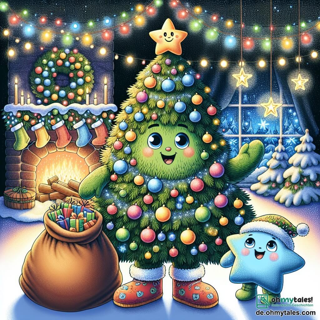 Ein fröhlicher Weihnachtsbaum namens Tannibär mit leuchtend grünen Nadeln, geschmückt mit bunten Lichtern und glitzernden Kugeln, lächelt mit funkelnden Augen vor Freude und hält einen großen Sack voller Geschenke. Neben ihm schwebt ein kleiner blauer Stern namens Lumin, der intensiv strahlt und mit freudigem Gesichtsausdruck seine Arme ausbreitet, als wolle er die Magie von Weihnachten umarmen. Die Szene spielt in einem gemütlichen Raum, der weihnachtlich dekoriert ist, mit sanft fallenden Schneeflocken draußen, Lichterketten an den Wänden und einem knisternden Kamin voller Weihnachtsstrümpfe. Tannibär und Lumin bereiten sich darauf vor, Geschenke an die Kinder zu verteilen, umgeben von einer festlichen und verzauberten Atmosphäre, erleuchtet von den funkelnden Lichtern des Baumes.