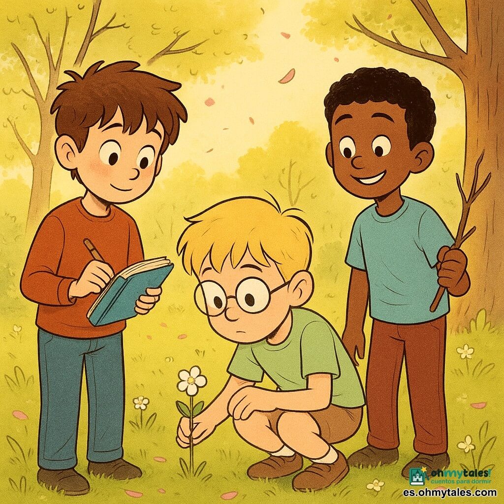 Hay 3 personajes: - Un niño llamado Leo, de casi 9 años, con cabello castaño despeinado y ojos curiosos. Sostiene un cuaderno azul con la cubierta algo desgastada y está a la izquierda de la imagen. - Un niño llamado Nico, también de casi 9 años, con cabello rubio y gafas redondas. Está agachado a la derecha de Leo, observando atentamente una pequeña flor blanca en el suelo. - Un niño llamado Bruno, de la misma edad, con cabello negro corto y una sonrisa traviesa. Está de pie a la derecha de Nico, sosteniendo una rama seca en su mano. El lugar es un parque primaveral, bañado de luz dorada. Los árboles están salpicados de jóvenes hojas verdes y el suelo está cubierto de pequeñas flores blancas y brotes de hierba fresca. Una suave brisa hace bailar los pétalos rosados caídos en el suelo. La situación principal muestra a los tres niños creando un herbario secreto. Están rodeados de la naturaleza renaciente de la primavera, cada uno cautivado por los tesoros naturales que descubren. Leo escribe en el cuaderno, Nico examina una flor y Bruno observa los alrededores con asombro. El ambiente es pacífico y alegre, capturando el asombro de la infancia ante la belleza de la primavera.