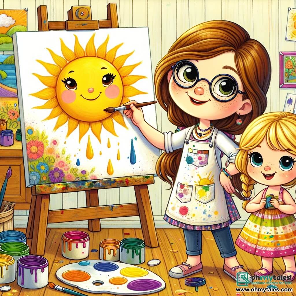 An artist woman, Miss Lily, is at the center of the image, with long brown hair and round glasses. She wears a white blouse splattered with colorful paint and has a big smile on her face, showing her joy of creating. She holds a brush in one hand and a pot of paint in the other, painting a large yellow sun on a canvas. Next to her, a little girl named Emma, about 7 years old, has blonde braided hair and wears a colorful dress. She looks in awe at Miss Lily's painting, holding a small brush and a pot of yellow paint, ready to create her own masterpiece. The setting is a bright and welcoming studio with large windows letting in sunlight. The walls are decorated with colorful paintings, and the floor is covered with paint splatters. Pots of paint in all colors are scattered on a wooden table, and blank canvases are hung around. The main scene shows Miss Lily and Emma painting together, creating a large sun and a rainbow, surrounded by bright colors and joy, illustrating the happiness of art and learning.