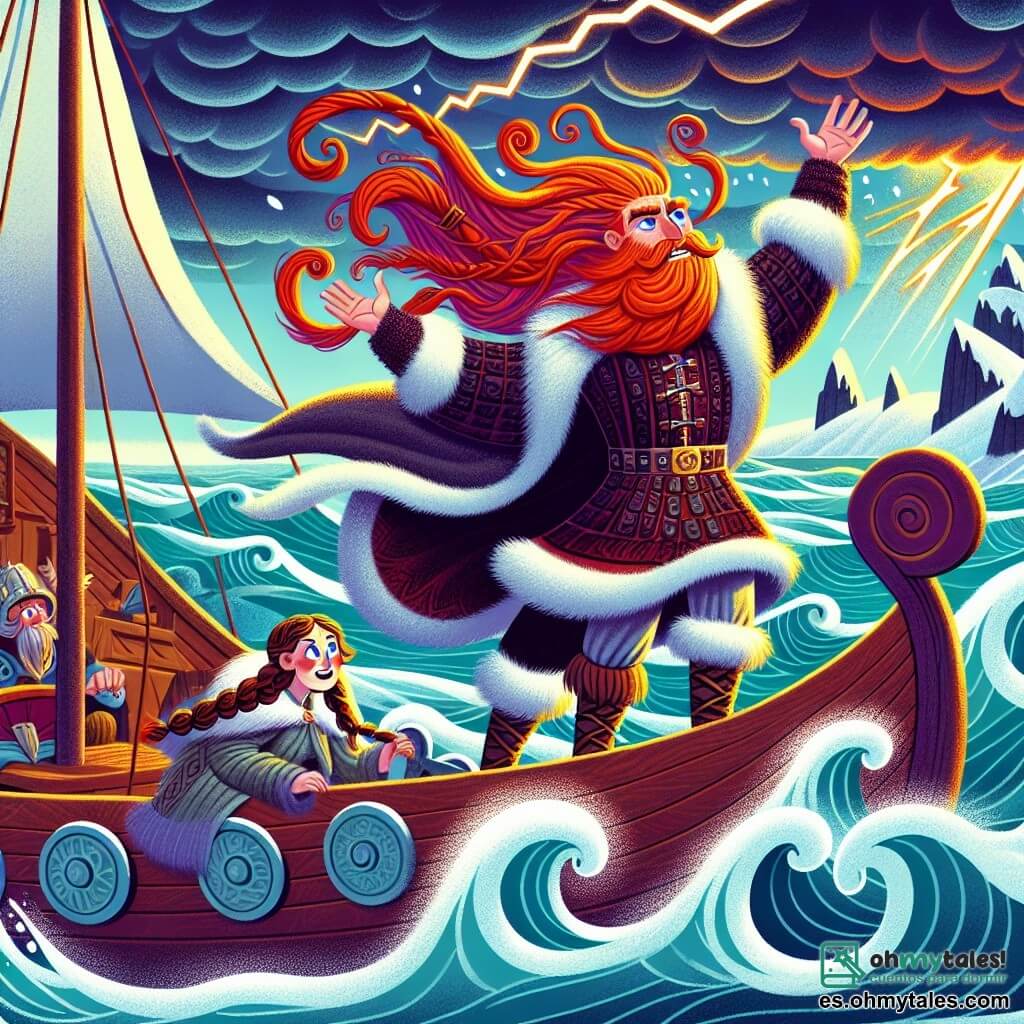 Un hombre vikingo llamado Erik se encuentra orgullosamente en su drakkar, con su barba roja brillante ondeando al viento. Sus ojos azules brillan de emoción y valentía mientras levanta los brazos hacia el cielo, listo para bailar con la tormenta. A su lado, su madre, una mujer de unos cuarenta años con el cabello trenzado, observa con orgullo y preocupación desde la orilla. Lleva un vestido de lana gruesa y sostiene una pequeña bandera vikinga en su mano, como para animar a su hijo. El drakkar navega por un mar agitado, rodeado de olas blancas y espumosas, bajo un cielo oscuro y tormentoso, donde relámpagos iluminan las nubes amenazantes. Montañas nevadas se alzan en el horizonte, añadiendo un toque majestuoso al paisaje. Erik, en plena aventura, navega valientemente a través de la tormenta mágica, rodeado de nieve que gira y viento poderoso, mientras destellos de luz naranja y roja bailan en el cielo, creando una atmósfera a la vez aterradora y fascinante.