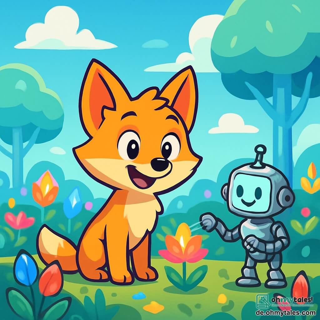 Ein kleiner Fuchs namens Felix mit goldenem Fell und neugierigen, funkelnden Augen steht im Zentrum eines futuristischen Gartens und ist begeistert. Seine Ohren sind aufgerichtet, und ein großes Lächeln erhellt sein Gesicht, während er die leuchtenden Pflanzen um ihn herum bewundert. In der Nähe gießt ein kleiner Gartenroboter mit einem silbernen Metallkörper und beweglichen Armen vorsichtig eine funkelnde Blume und zeigt auf seinem Bildschirm einen fröhlichen Ausdruck. Der Garten ist voller bunten Blumen mit kristallförmigen Blütenblättern und Bäumen mit durchsichtigen Stämmen, unter einem strahlend blauen Himmel, der mit wolkenartigen Baumwollwolken übersät ist. Felix entdeckt eine geheime Ecke des Gartens, wo die Magie von Technologie und Natur aufeinandertreffen und eine traumhafte, wunderbare Atmosphäre schaffen.