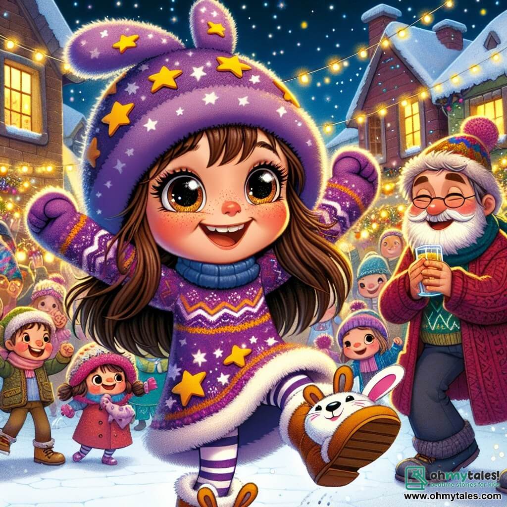 A 10-year-old girl with long brown hair and rosy cheeks wears a starry purple hat and bunny-shaped slippers. She joyfully dances in the village square, her sparkling eyes and big smile lighting up her face. Next to her, her father, a man in his forties with a light beard and a colorful sweater, laughs as he tries to keep up with her clumsy movements, while her mother, a woman in her thirties with curly hair and a red coat, claps and laughs, holding a glass of sparkling juice. The scene takes place in a snowy village, where twinkling lights decorate the trees and houses, creating a festive atmosphere. The square is filled with joyful families, children wearing colorful hats and fun slippers, all gathered to celebrate the New Year. The main situation shows the girl and her family dancing together, surrounded by laughter and music, as fireworks light up the night sky, symbolizing the start of a new year full of adventures.