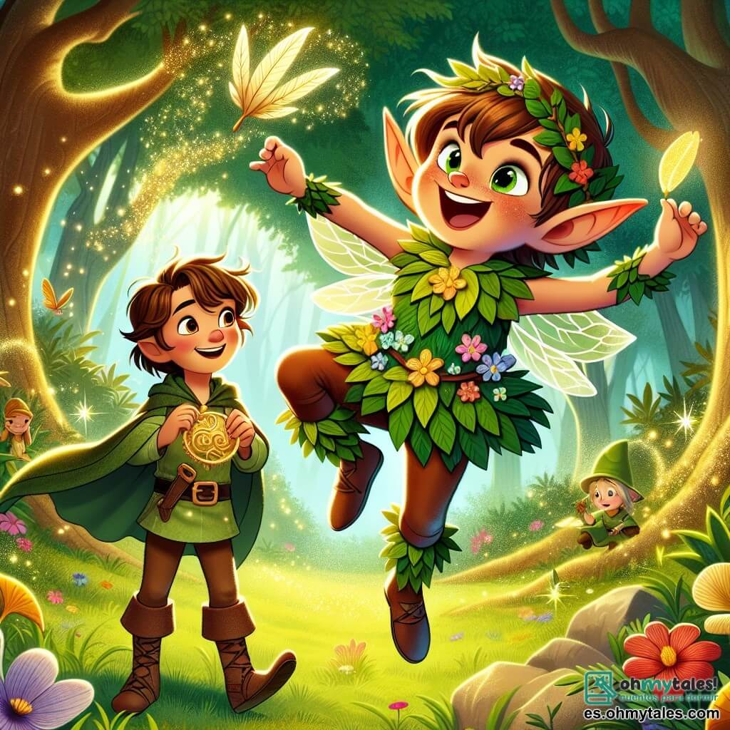 Un duende alegre, llamado Tilo, con orejas puntiagudas y una sonrisa brillante, lleva un traje hecho de hojas verdes y flores coloridas. Salta de felicidad, con los brazos levantados, en medio de un claro de un bosque mágico. A su lado, un niño de 8 años llamado Lucas, con cabello castaño y ojos llenos de curiosidad, sostiene una pluma dorada en una mano y una piedra brillante en la otra, mirando a Tilo con asombro. El lugar es un claro encantado, rodeado de árboles majestuosos con troncos gruesos, cuyas hojas brillan bajo la luz del sol, mientras flores cantantes de colores vivos bailan suavemente al viento. La situación principal muestra a Tilo y Lucas reuniendo objetos mágicos para descubrir el secreto de la amistad y la magia, mientras una suave luz dorada comienza a emanar de ellos, iluminando el claro del bosque.