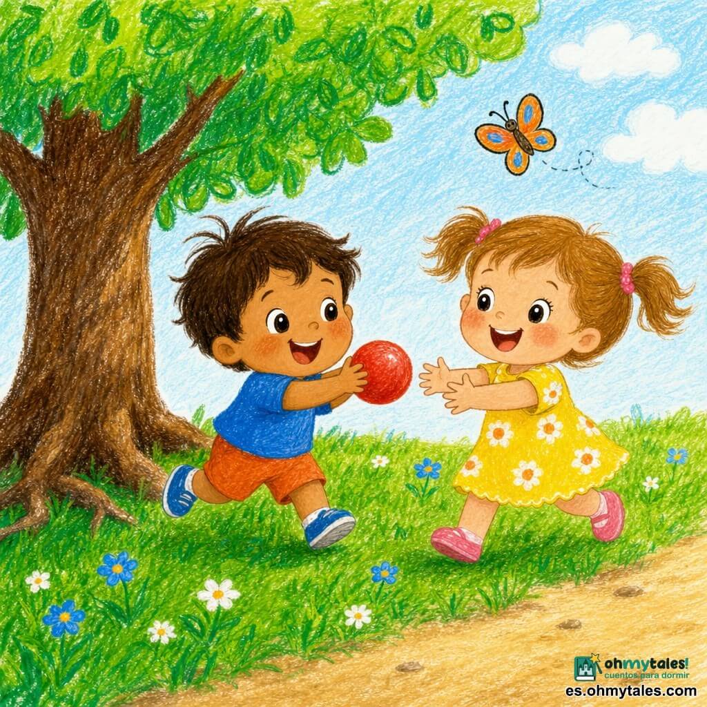Un niño de 2 años, cara redonda y regordeta, cabello castaño en mechones, sonriente, sostiene una pequeña pelota roja y corre sobre la hierba; una niña de 3 años, cabello castaño claro largo en coletas, vestido amarillo con flores, sonríe y extiende la mano para atrapar la pelota, colocada ligeramente delante y a la derecha del niño; al fondo a la izquierda un gran árbol verde con tronco marrón texturizado y raíces visibles proyecta una sombra suave; la hierba es verde brillante con pequeñas flores azules y blancas y un sendero de tierra claro bordea la escena; una pequeña mariposa de alas naranja y azul vuela sobre los niños; estilo: dibujo infantil a lápiz, colores vivos, contornos suaves, expresiones exageradas y formas simples, ambiente cálido y amistoso.