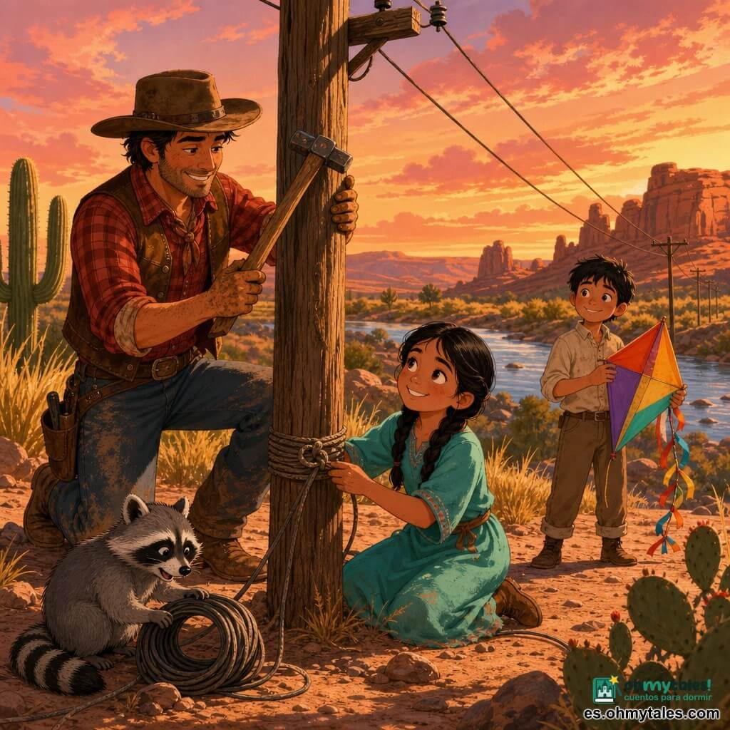 Hombre vaquero sonriente y concentrado, piel bronceada, sombrero de fieltro marrón, camisa a cuadros roja, chaleco de cuero y vaqueros polvorientos, sujetando un poste de madera y un martillo mientras repara la línea telegráfica; a su lado Nube Clara, niña de 9 años, alegre, piel cobriza, trenzas negras y vestido turquesa, arrodillada haciendo un nudo firme en una cuerda y mirándolo cómplice; más atrás Juanito, niño de 10 años, tímido pero agradecido, pelo corto negro y camisa beige, sostiene una cometa colorida y sonríe; un pequeño mapache travieso enrolla un cable en la arena cerca del poste; escenario: río poco profundo, hierbas doradas, cactus y rocas rojas, cielo naranja al atardecer tras una tormenta con algunas nubes rosadas; ambiente de reparación al caer la noche, trabajo en equipo, polvo fino en suspensión y luz cálida rasante que crea sombras largas y contrastes marcados; estilo: vectores suaves, colores saturados, texturas ligeras, siluetas simples y expresiones claras aptas para niños.