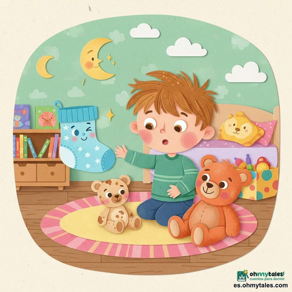 Niño de 2 años con expresión maravillada y algo sorprendida, mejillas redondas, cabello castaño claro despeinado, ojos grandes y brillantes, extendiendo la mano hacia un pequeño osito de peluche beige con mancha de pastelería sentado en la alfombra; una zapatilla/medias mágica antropomórfica, azul cielo con estrellas blancas, guiña un ojo y sonríe mientras emite una pequeña chispa dorada con aroma a galleta, flotando a la altura de su mano; un doudou-oso secundario, peluche rojiza y suave, algo polvorienta, sentada junto al niño; habitación infantil acogedora y colorida con paredes menta y pegatinas de luna y nubes, alfombra redonda a rayas rosa y amarillo, estantería de madera clara con libros ilustrados y caja de juguetes abierta, luz cálida de una lámpara en forma de luna; momento mágico y divertido: la media parlante crea una chispa olorosa de galleta mientras el niño intenta recuperar su osito; composición centrada, colores vivos, texturas de papel recortado visibles, contornos ligeramente irregulares y sombras suaves para efecto collage.