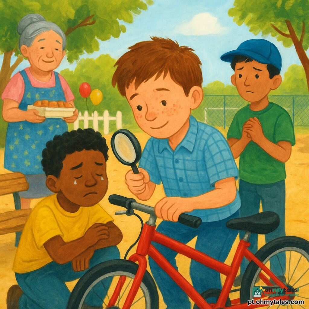 Um menino de 10 anos, rosto rondo com sardas, cabelo castanho curto despenteado, sorriso tímido e concentrado, veste camisa xadrez azul clara, jeans e segura uma lupa sobre um caderno, agachado junto a uma bicicleta vermelha; à esquerda, Tiago, 9 anos, cabelo preto encaracolado, com olhos marejados mas aliviado, abraça o guidão da bicicleta; à direita, Léo, 11 anos, boné azul e t-shirt verde, com expressão envergonhada e mãos juntas em pedido de desculpas; ao fundo à esquerda, Dona Emília, cerca de 60 anos, cabelo grisalho preso, avental florido, oferece uma caixa de doces com sorriso benevolente; cenário: pequena praça de bairro ensolarada com chão de terra, banco de madeira vazio, árvores de folhas verdes, alguns balões numa cerca branca e uma quadra ao fundo; situação: reencontro e perdão após o menino detetive resolver o mistério e devolver a bicicleta, tons quentes, composição centrada na bicicleta e nas três crianças, estilo gouache com traços suaves e texturas visíveis.