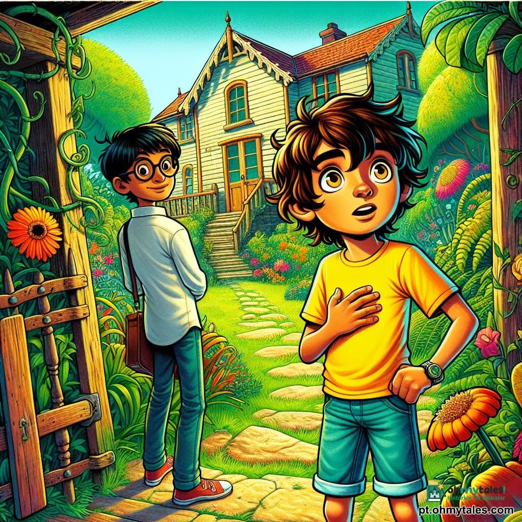 Um garoto de 12 anos, Miguel, com cabelos castanhos bagunçados e olhos brilhantes de curiosidade, está em frente a uma velha casa de madeira, com um sorriso deslumbrado no rosto. Ele usa uma camiseta amarelo-vivo e um short de jeans, segurando um pequeno caderno em uma mão, pronto para anotar sua aventura. Ao seu lado, seu melhor amigo Lucas, também de 12 anos, com óculos redondos e cabelos loiros, observa com excitação o jardim misterioso, com os braços cruzados sobre o peito, como se estivesse prendendo a respiração. O jardim é exuberante e selvagem, cheio de flores coloridas que dançam ao vento, arbustos de formas estranhas e caminhos de pedras que serpenteiam pela vegetação. Ao fundo, um portão de ferro forjado, enferrujado e entreaberto, revela um mundo secreto. A cena principal mostra Miguel e Lucas, fascinados, se aproximando de uma pequena ferrovia em miniatura que atravessa o jardim, com os olhos brilhando de admiração, prontos para descobrir o mistério que os aguarda atrás da porta da casa.