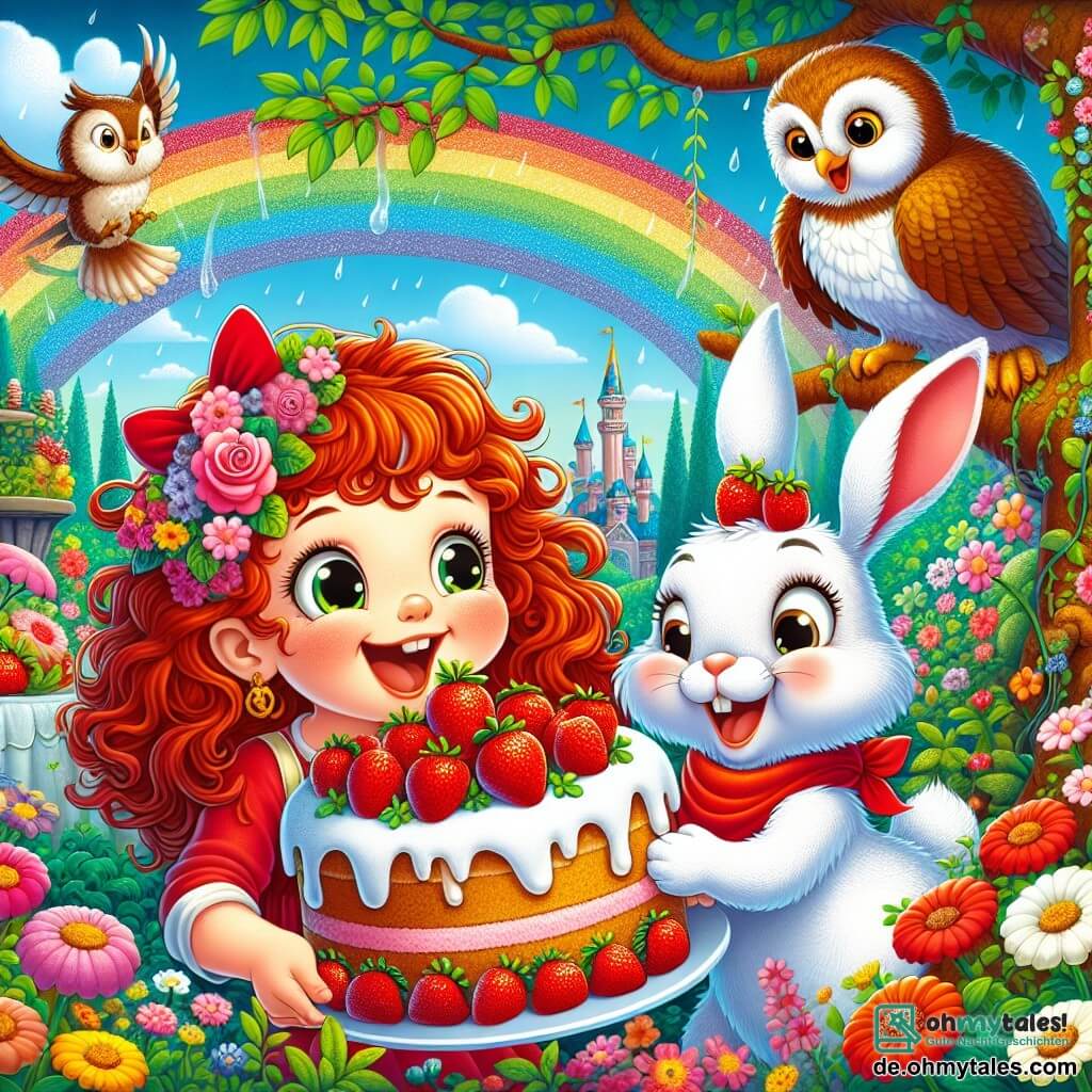 Ein kleines Mädchen von 3 Jahren namens Lila mit wunderschönen, lockigen roten Haaren lächelt fröhlich, während sie ein großes Stück Erdbeerkuchen hält. Ihre Augen strahlen vor Aufregung, während sie sich darauf vorbereitet, diese Köstlichkeit mit ihren Freunden zu teilen. Neben ihr hüpft Hopsi, ein kleiner weißer Hase mit großen Ohren, vor Freude, seine Augen funkeln vor Glück. Er trägt ein rotes Halstuch und scheint ungeduldig darauf zu warten, den Kuchen zu probieren. Eulalia, eine weise Eule mit braunen Federn und großen runden Augen, sitzt auf einem Ast direkt über ihnen und beobachtet die Szene mit einem schelmischen Lächeln. Sie scheint amüsiert über die Begeisterung ihrer Freunde. Die Szenerie ist ein charmanter, bunter verzauberter Garten, voller leuchtender Blumen in allen Farben, mit einem großen Baum mit üppigem Laub und einem blauen Himmel, der mit flauschigen Wolken gesprenkelt ist. Die Hauptsituation zeigt Lila, Hopsi und Eulalia, die zusammen um einen riesigen Erdbeerkuchen lachen, bereit zum Teilen, während ein funkelnder Regenbogen über ihnen schwebt und ihrem fröhlichen Abenteuer einen magischen Touch verleiht.