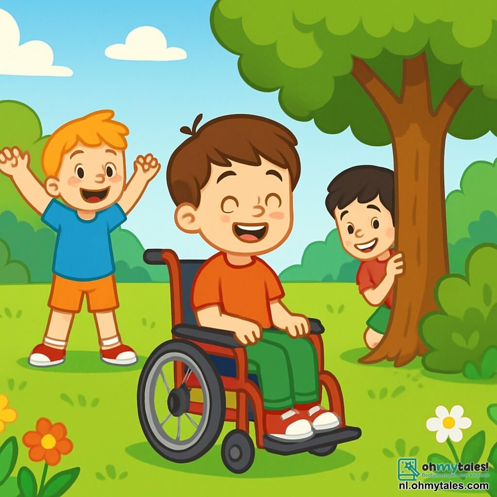 Er zijn 3 personages: Sam, een 5-jarig jongen met bruin haar en sprankelende ogen, zittend in een mooie rode rolstoel en enthousiast lachend. Max, ook 5 jaar, met blond haar en een blauwe t-shirt, staat naast Sam met zijn armen omhoog als aanmoediging, klaar om te spelen. Tibo, een 5-jarige jongen met zwart haar en een groene short, zit achter een boom, lachend en wachtend om zich te verstoppen. De scène speelt zich af in een zonnig park vol kleurrijke bloemen en groene bomen, met een grote grasveld waar de kinderen spelen, terwijl hun gelach en vreugde in de lucht weerklinken. In de verte is er een heldere blauwe lucht met enkele pluizige witte wolken. Sam telt voor het verstoppertje spel, terwijl Max en Tibo zich achter bomen en struiken verstoppen. Sam ziet er vastberaden en blij uit, klaar om zijn vrienden te zoeken, terwijl Max en Tibo elkaar ondeugend aankijken.