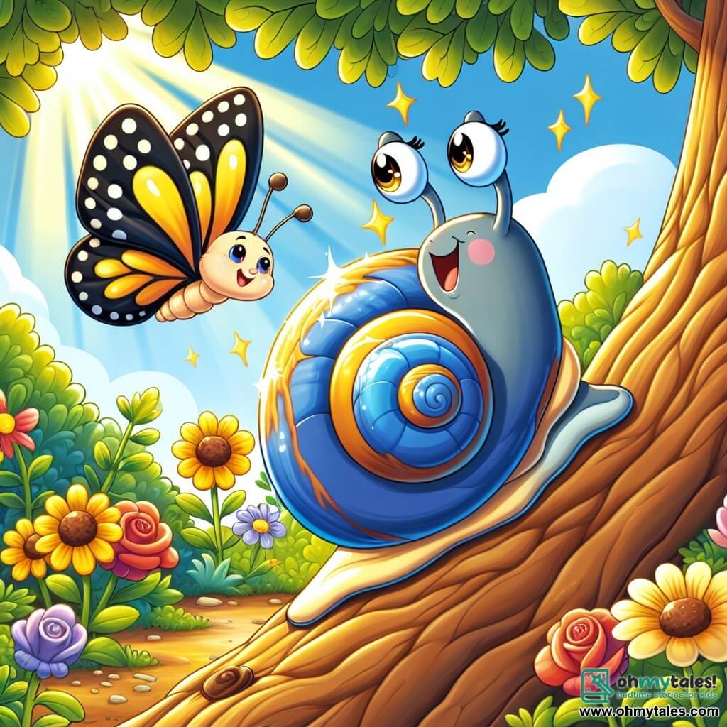 An illustration of a small snail with a shiny blue shell, expressing joy and determination. Its eyes sparkle with excitement as it slowly climbs the rough bark of a large oak tree, leaving a shiny trail behind. Next to it is a pretty little butterfly with colorful wings, featuring yellow and black patterns, flying around with an encouraging smile. The main setting is a lush garden filled with bright flowers like red roses and yellow sunflowers, with soft golden light filtering through the tree leaves. The ground is covered in greenery, and sun rays illuminate the scene, creating a warm and welcoming atmosphere. The main situation shows the snail and the butterfly exploring together, with the snail taking its time to climb while the butterfly enthusiastically encourages it. Other graphical elements include flower petals swirling in the air, sparkling sun rays, and a gentle breeze making the leaves dance around them, adding a touch of magic to this beautiful friendly adventure.