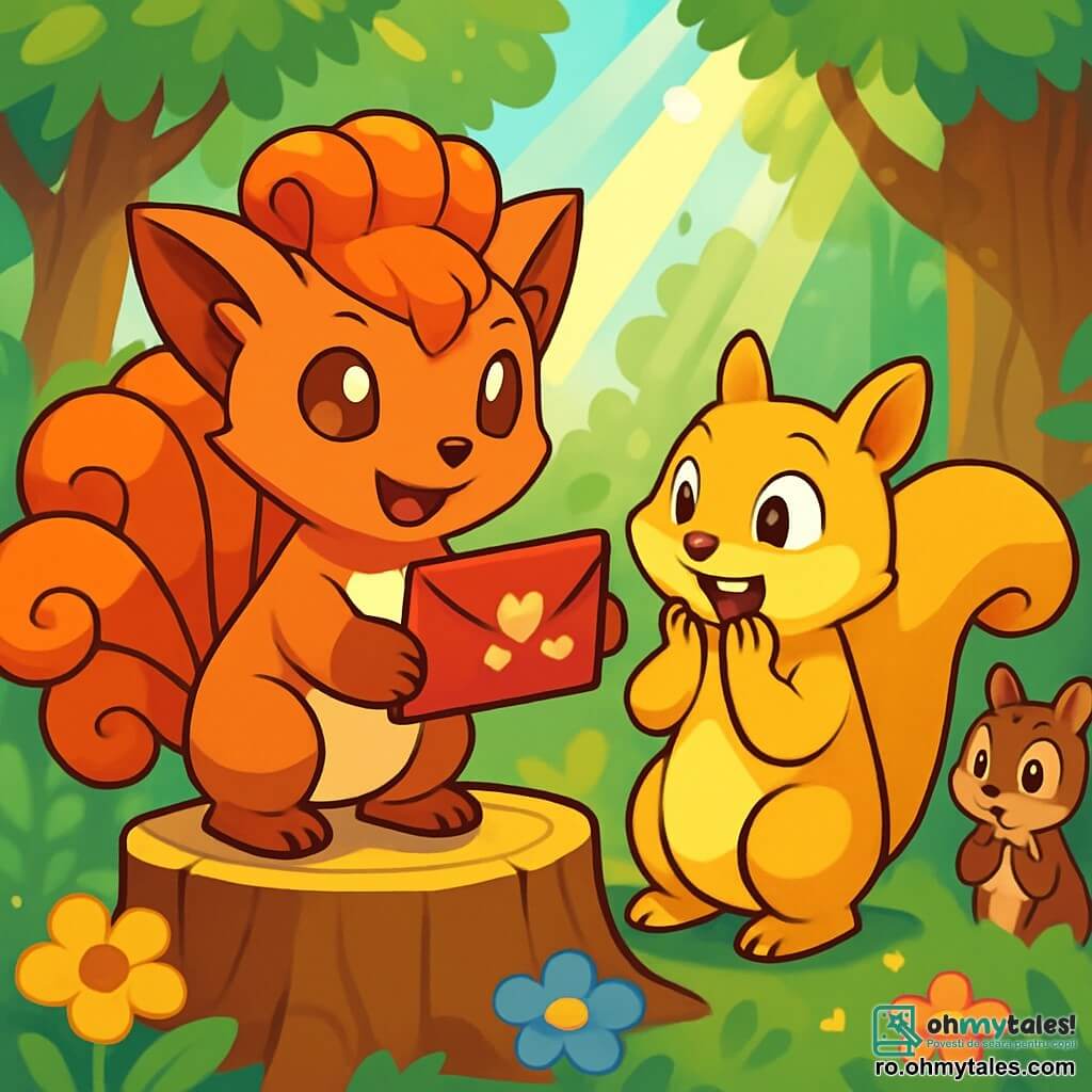 Un vulpix cu blană roșie strălucitoare, cu ochi curioși și un zâmbet fericit, stă pe un buștean în centrul scenei, ținând o scrisoare roșie decorată cu inimi aurii. Lângă el, o veveriță cu blană aurie, cu o coadă pufoasă și ochi strălucitori de uimire, citește scrisoarea cu o expresie de surpriză și fericire. Un mic veverițoi cu blană maronie deschisă, cu obraje roz și urechi ridicate, stă timid în fundal, observând cu un amestec de emoție și nervozitate. Scena are loc într-o pădure fermecată, unde copaci majestuoși cu frunze verzi vibrante se ridică în jurul lor, iar flori colorate presară solul. Razele soarelui pătrund prin crengi, creând o atmosferă caldă și magică. În această ilustrație, vulpixul prezintă scrisoarea de Ziua Îndrăgostiților, în timp ce veverița descoperă conținutul cu uimire, iar veverițoiul, în fundal, se pregătește să-și mărturisească sentimentele.