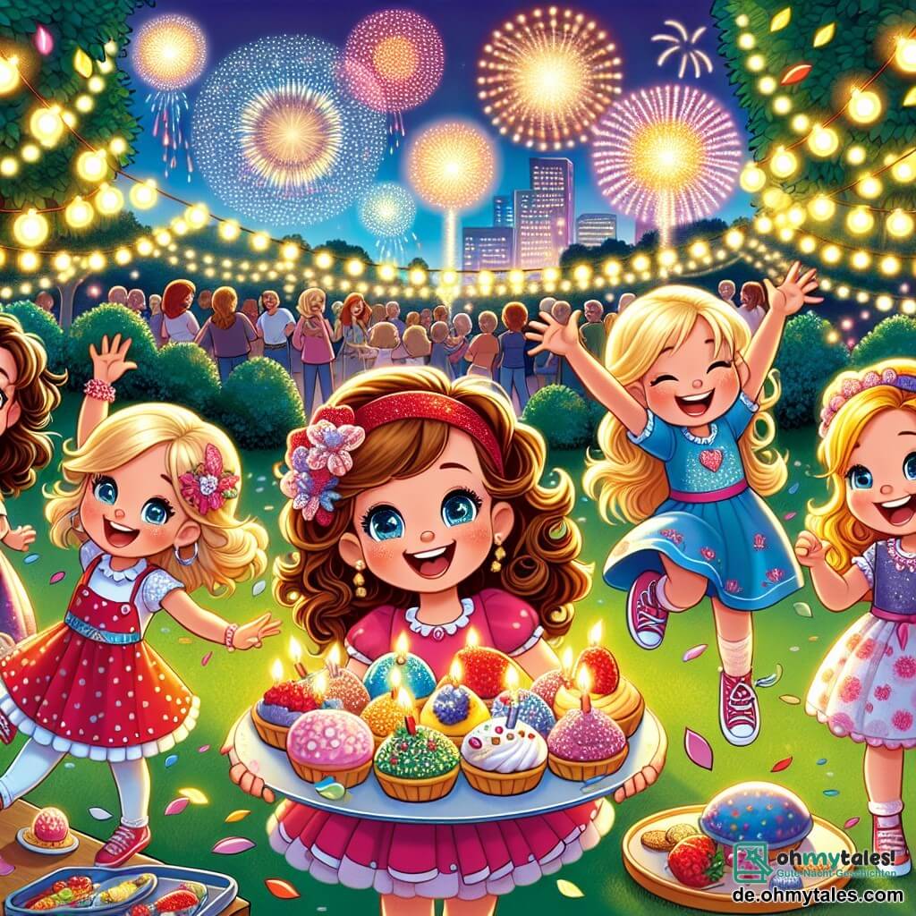 In einem von funkelnden Lichtern erleuchteten Park stehen fünf siebenjährige Mädchen zusammen, umgeben von Lachen und Freude. Mia, ein kleines Mädchen mit lockigem braunem Haar und funkelnden Augen, springt vor Aufregung und hält eine bunte Knallerbse in der Hand. Neben ihr lächelt Emma mit glattem blonden Haar und einer großen roten Mütze und zeigt eine große Schüssel mit Knabbergebäck, die sie gerade vorbereitet hat. Lena, mit braunem Haar zu einem Pferdeschwanz gebunden, schaut bewundernd auf das Feuerwerk, das am Himmel explodiert. Die Zwillingsschwestern Clara und Lisa, mit blonden Haaren und passenden Kleidern, haben Spaß daran, Konfetti in die Luft zu werfen, ihre Gesichter strahlen vor Glück.

Der Park ist mit bunten Ballons und funkelnden Lichtern dekoriert, was eine festliche und warme Atmosphäre schafft. Im Hintergrund lachen und plaudern Erwachsene, während ein großer Baum mit Lichtergirlanden geschmückt ist, was der Szene einen magischen Touch verleiht.

Die Hauptsituation zeigt die Mädchen, die den Jahreswechsel feiern und gemeinsam bis Mitternacht zählen, während Feuerwerke den Nachthimmel erleuchten und eine Explosion von leuchtenden Farben erzeugen. Lachen und Jubel hallen in der Luft wider und fangen den Geist von Kameradschaft und Festlichkeit ein.