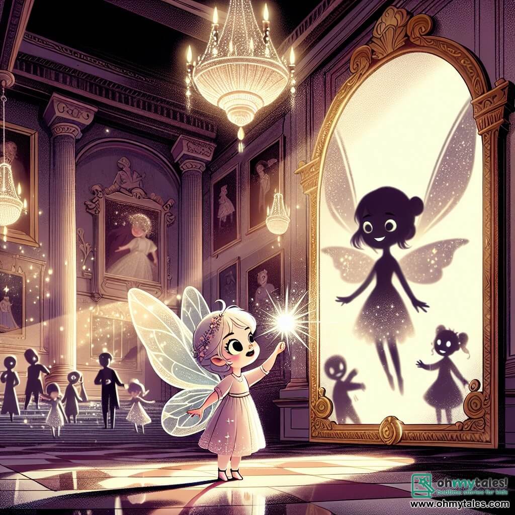 In a grand old hall, Lira, a small fairy with wings sparkling like stars, stands at the center, her eyes wide with curiosity and excitement as she gazes at a mysterious mirror glowing with a magical light. Beside her, the Whispering Shadows, ethereal silhouettes with blurred shapes and gentle faces, float around her, their eyes shining with hope and gratitude, eagerly waiting for her to uncover the mirror's secret. The hall is majestic, with walls adorned with dusty portraits, a large sparkling chandelier overhead, and dancing shadows cast by flickering light. The main scene shows Lira, ready to free the shadows, delicately placing a hand on the mirror as bursts of light begin to emanate from it, creating an atmosphere that is both magical and slightly eerie.