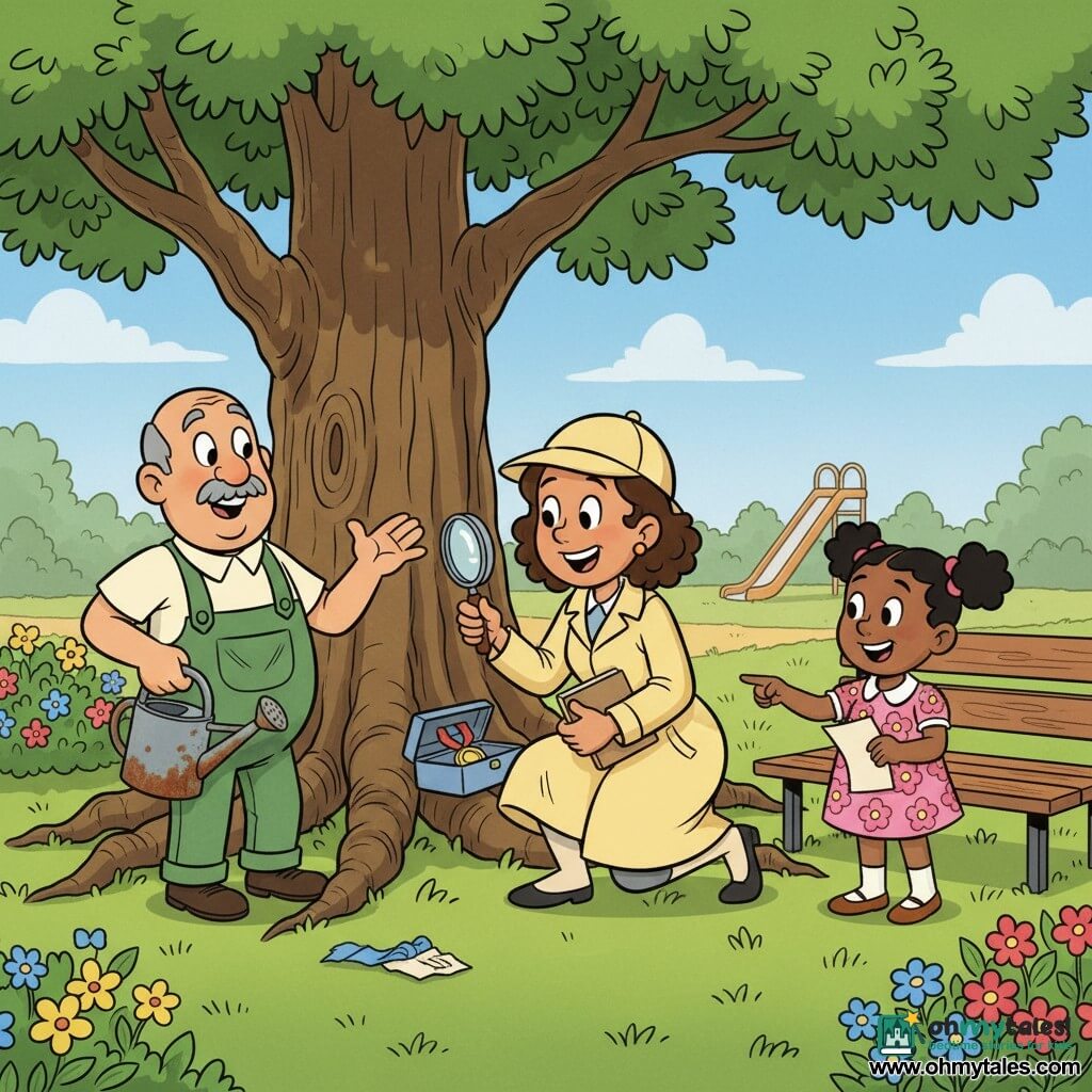 Detective Clara, determined and smiling in a pale yellow trench coat and round hat, kneels by the gnarled roots of a large oak using a shiny magnifying glass and small notebook to remove a box with a silver medal; Mr. Green (about 50), a round-faced gardener with a gray mustache in green overalls holds a rusty watering can at left, relieved with slightly raised hands; Lily (about 8), with pigtails in a pink floral dress, points at the box and holds a crumpled paper corner at right by a wooden bench; sunny park with green grass, colorful flowerbeds, a wooden table with a crumpled blue ribbon and a small blurred slide in the background; joyful clear moment, expressions of relief and wonder, bright colors, rounded contours and simple retro cartoon style.