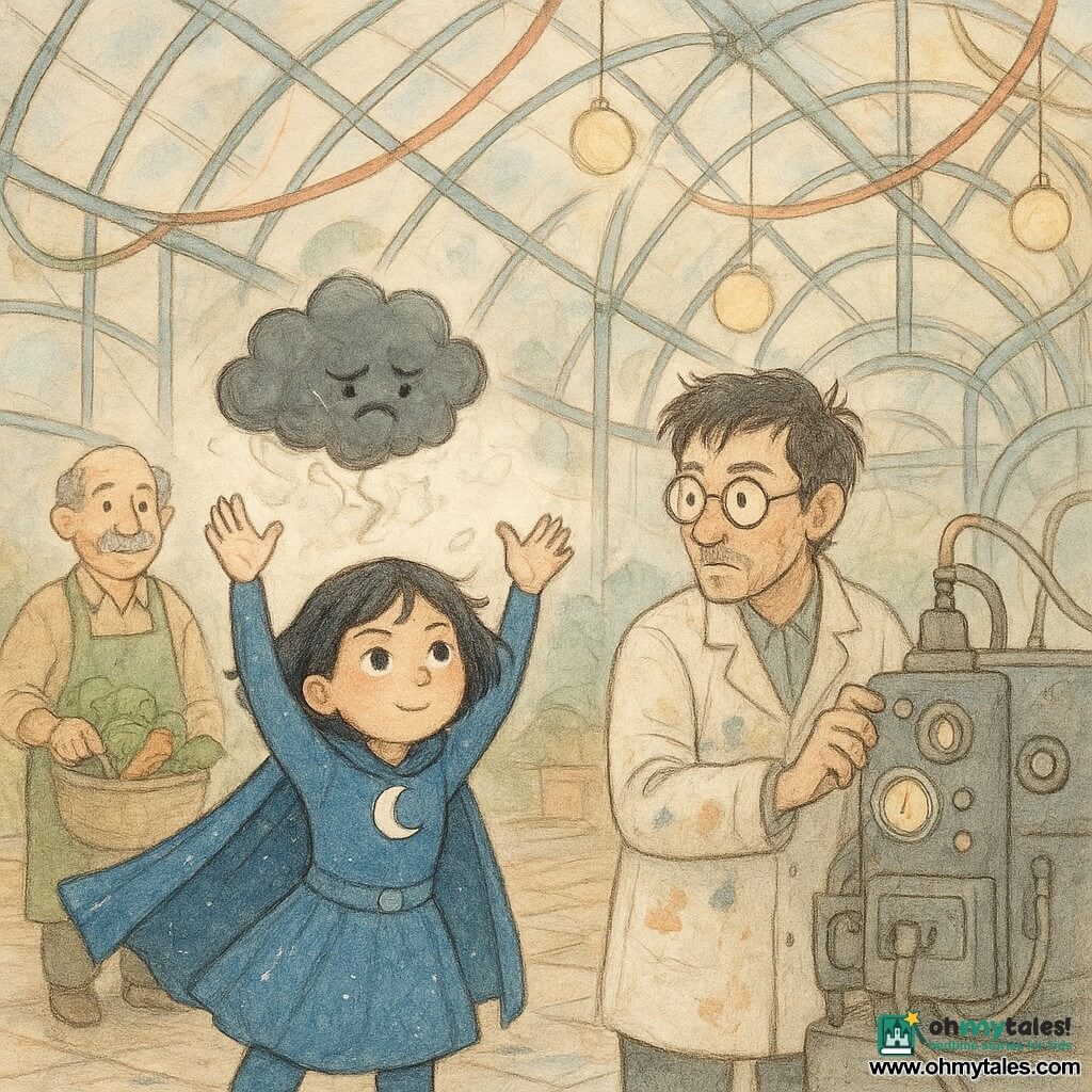 A female superhero named Luna — round face, short floating black hair, shimmering blue cape, determined yet gentle expression and bright eyes — raises her hands to blow a small crackling dark cloud away; beside her to the right stands Dr. Nimbus, a ~35-year-old male scientist with tousled hair, paint-stained white coat and round glasses, adjusting a large metal machine with glowing dials next to the cloud; in the background near the dome entrance an elderly vendor, Mr. Green, ~60, gray mustache, green apron, smiles relieved while holding a basket of vegetables; the setting is a large transparent climate dome with curved steel supports, colored cables, round screens, pulsing lights and tiled floor with wet footprints and small reflective puddles; the cooperative struggle shows the dark trembling cloud shrinking into silvery smoke under Luna’s breath and the machine’s adjustments, warm reassuring lighting, composition centered on the characters in a semicircle.