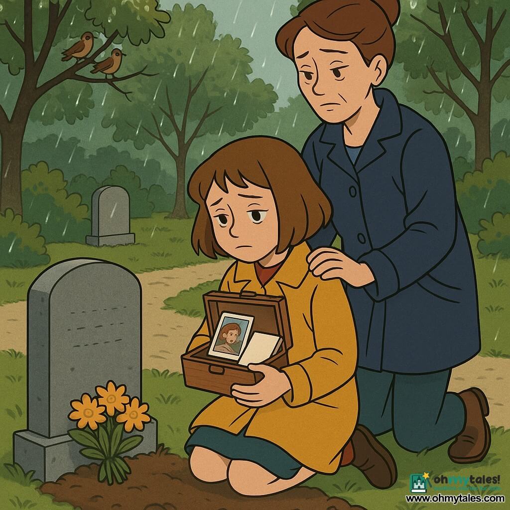 A 10-year-old girl with a light brown bob and wide hazel eyes, melancholic but calm, kneels before a simple gray granite tombstone holding a small wooden box against her chest; she wears a mustard coat and gazes into the open box containing an old photo and a small notebook while whispering to the grave; behind her stands her mother, about 35, brown hair in a bun, tired yet gentle face, in a navy raincoat with one hand on the girl's left shoulder; a yellow spray of flowers rests before the stone and fresh dark soil surrounds the slab; the quiet cemetery has a light gravel path, wet-leaved trees with a few birds and visible raindrops, soft rainy-afternoon light; the scene is intimate and centered, warm yellow and brown tones for the figures contrasting with the gray-green background.