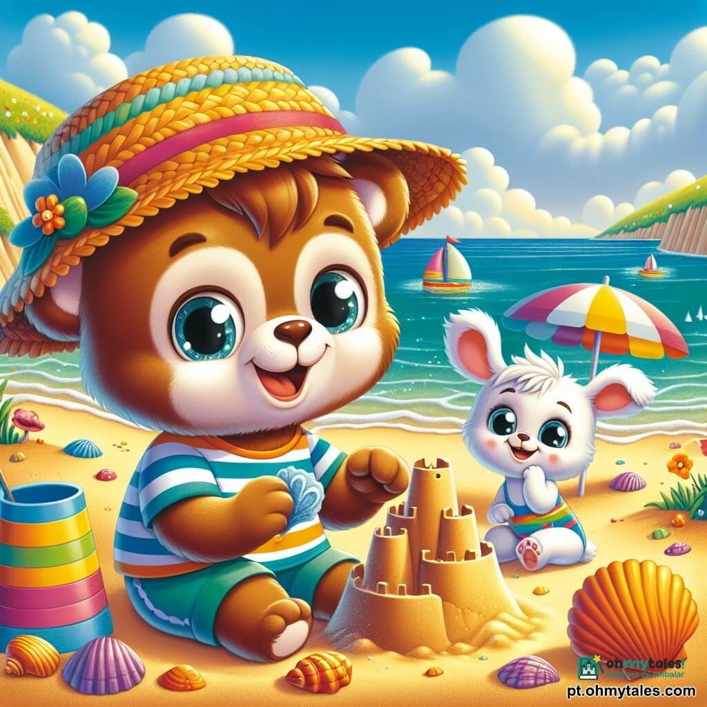 Um pequeno urso marrom chamado Tomás, com um grande sorriso alegre e olhos brilhantes, constrói um castelo de areia na praia. Ele usa um chapéu de palha colorido e um traje de banho listrado. Ao seu lado, sua namorada Coelhina Lila, com orelhas longas e pelagem branca, observa uma concha com admiração, seus olhos brilhando de curiosidade. Um garotinho, Teco, com cabelo loiro bagunçado e uma camiseta azul, lança uma bola rindo, um pouco mais distante. A praia é iluminada por uma luz dourada, com ondas suaves que lambem a costa. Guarda-sóis coloridos estão fincados na areia fina, e conchas brilham ao sol. Ao fundo, vê-se dunas verdejantes e um céu azul com algumas nuvens brancas e fofas. A cena transmite uma atmosfera alegre e de verão, cheia de risos e amizade.