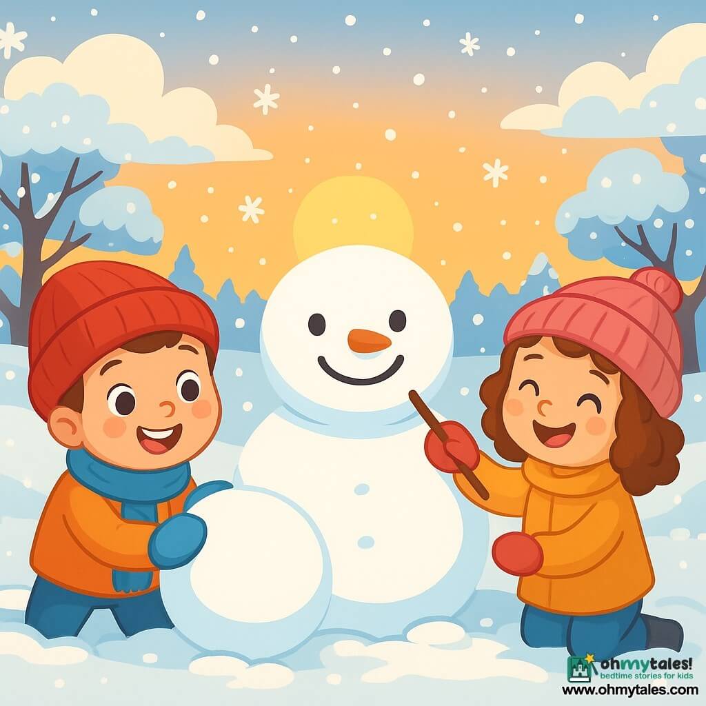A 4-year-old boy with rosy cheeks and sparkling eyes wears a blue scarf and a red hat. He is rolling a snowball, his face beaming with excitement and happiness. Next to him, a 4-year-old girl with a pink wool hat and curly hair smiles while holding a stick to draw a smile on the snowball. They are in an enchanted garden covered with a thick layer of shimmering snow, with trees weighed down by white flakes. The scene shows the two children creating a snowman, surrounded by gently falling snowflakes as the sun sets, casting a golden light on their joyful creation.