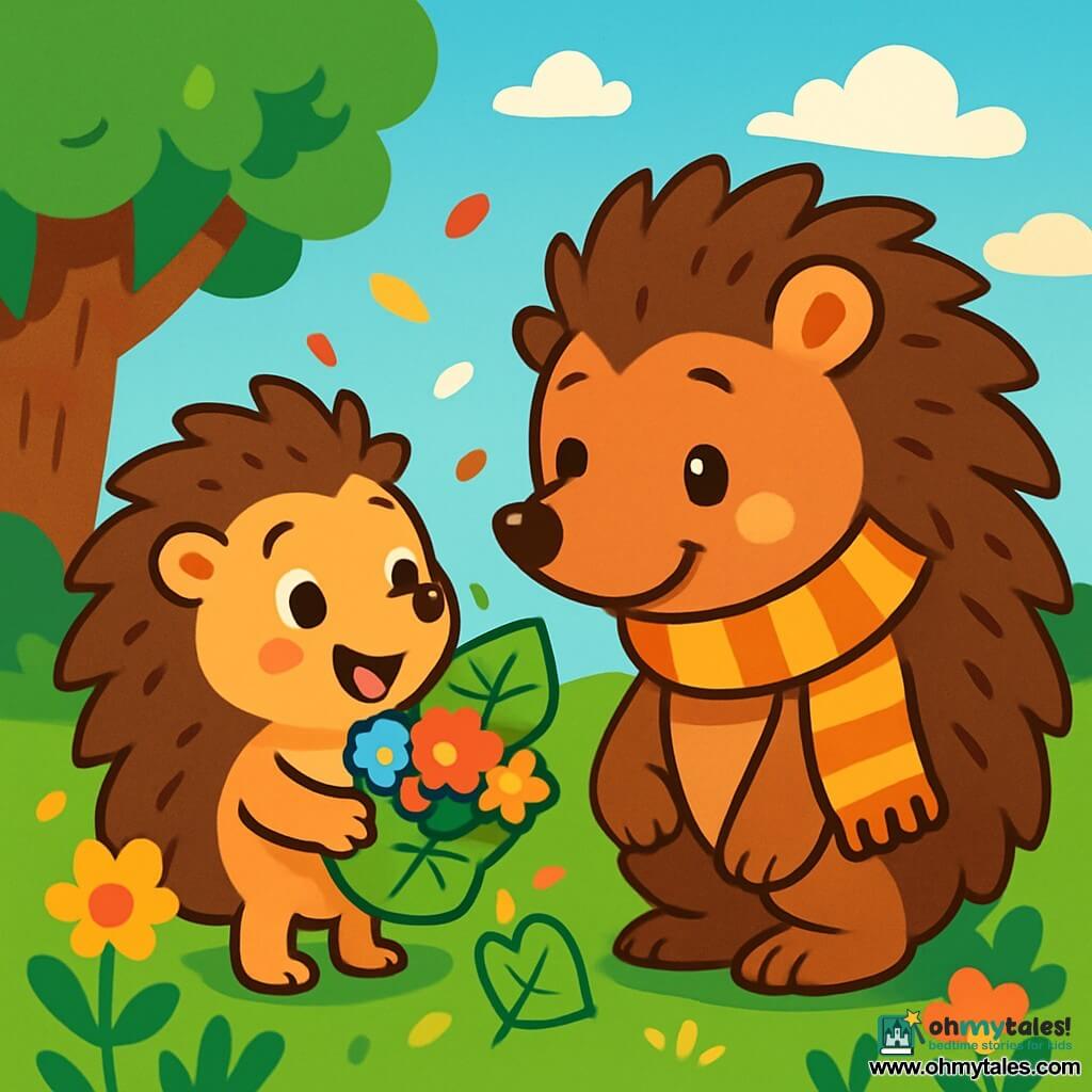 A small hedgehog named Bramble, with soft spines and sparkling eyes of joy, holds a little leaf bag filled with colorful flowers and a leaf-shaped card. He smiles with pride and excitement, standing on his tiny paws. Next to him, his dad, a tall and warm hedgehog with brown fur and a striped scarf, looks at his son with tender, sparkling eyes, crouching down to admire the gift. The scene takes place in a sunny garden filled with bright flowers, tall green trees, and a blue sky dotted with fluffy white clouds. In the center, Bramble proudly presents his creations, surrounded by softly falling colorful petals. It's a magical moment of sharing and love between father and son, filled with laughter and sweetness.
