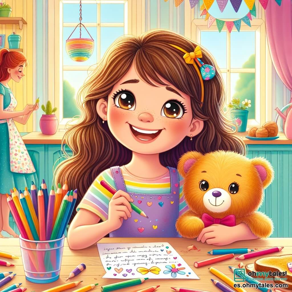 Una niña de 10 años, Clara, con largos cabellos castaños y ojos brillantes de alegría, está sentada en una mesa de madera, rodeada de lápices de colores. Sonríe con entusiasmo, sosteniendo una carta colorida en sus manos, lista para esconderla debajo de la almohada de su mamá. A su lado, su peluche, un oso llamado Nube, está sobre la mesa, con una mirada amistosa. Su mamá, Ana, una mujer de unos 35 años, con cabello castaño y una sonrisa cálida, está en la cocina, preparando el desayuno. Lleva un delantal colorido y mira a Clara con ternura. La escena transcurre en una cocina luminosa y acogedora, con paredes amarillas, ventanas que dejan entrar la luz del sol y plantas verdes en el alféizar. Aromas de pan tostado flotan en el aire, creando una atmósfera alegre y familiar. Clara, llena de emoción, se prepara para sorprender a su mamá con una carta que escribió para el Día de la Madre, llena de recuerdos y amor.