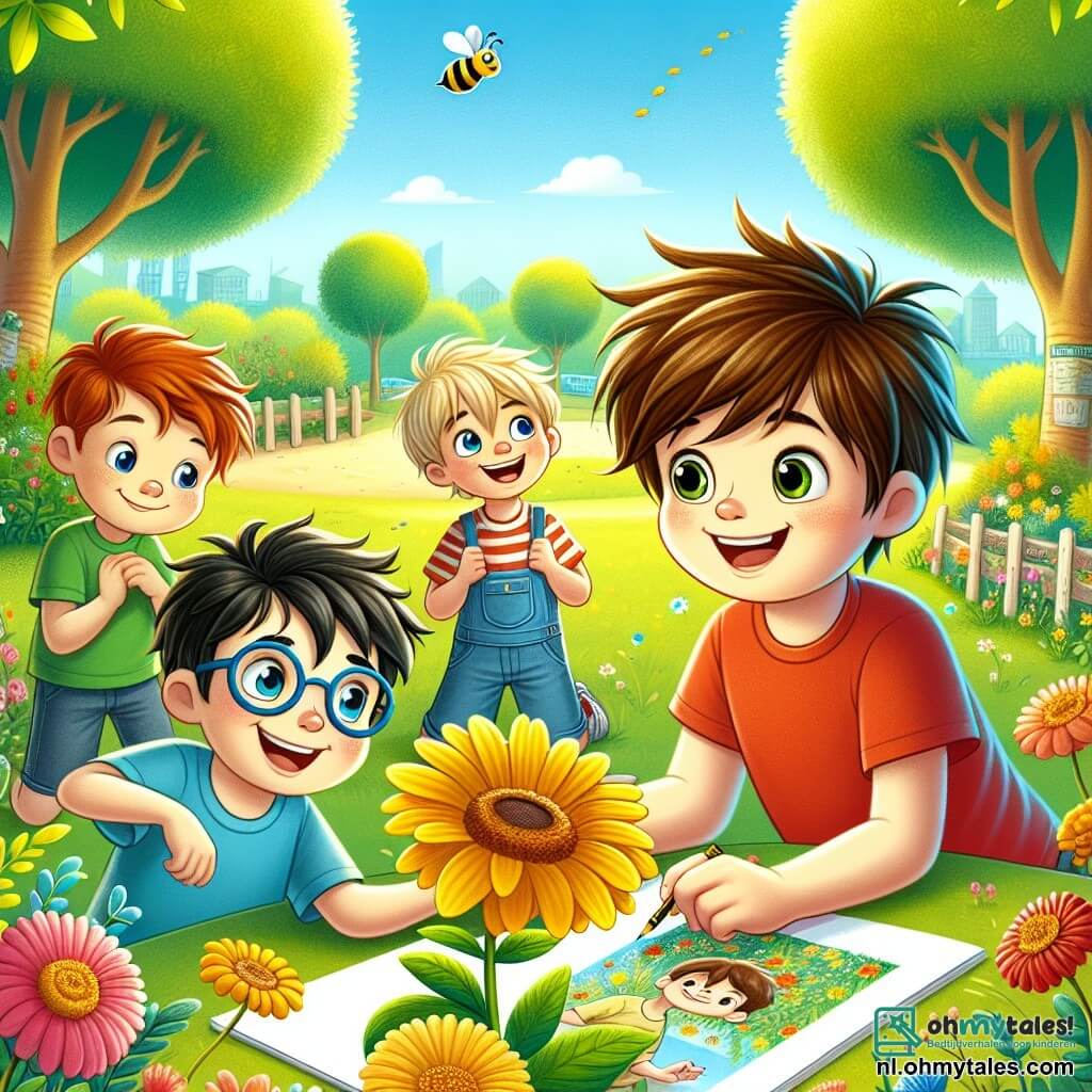 In een bloeiende park spelen vier zevenjarige jongens samen. Max, met rommelig bruin haar en een rood T-shirt, houdt een mooie gele bloem in zijn hand en glimlacht enthousiast. Rechts van hem kijkt Tom, met blond haar en een blauw T-shirt, naar een bij die om de bloemen vliegt, met grote nieuwsgierige ogen. Links is Sam, met een bril en kastanjebruin haar, die zich voorover buigt om een grote bloem op een stuk papier te tekenen. Tot slot draagt Finn, met zwart haar en een groen T-shirt, een bloemenkrans op zijn hoofd en lacht terwijl hij zijn kleurrijke creatie laat zien. Het park is verlicht, met bomen met heldergroene bladeren en kleurrijke bloemen die dansen in de zachte bries. De lucht is helderblauw met enkele wattenachtige witte wolken, en vogels zingen vrolijk in de takken. De jongens doen mee aan een lentekransjacht, op zoek naar bloemen, insecten en natuur elementen, terwijl ze lachen en samen plezier maken en de schoonheid van het seizoen vieren.