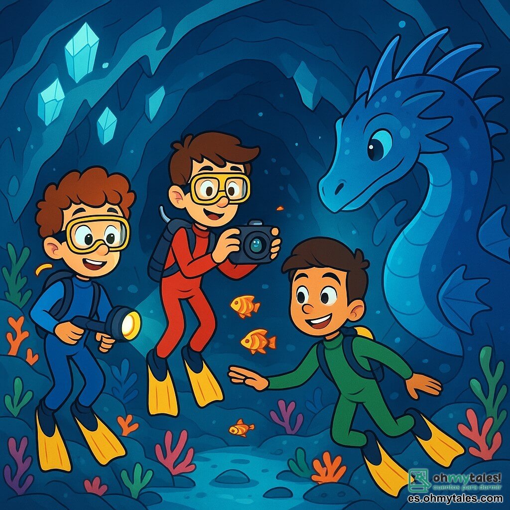 Hay 3 personajes: - Tomás: Un niño de 10 años, con cabello rizado y ojos verdes brillantes. Lleva un traje de buceo azul y sostiene una linterna submarina, maravillado por las maravillas marinas que lo rodean. - Nico: Un niño de 11 años, alto y delgado, con gafas y cabello castaño. Lleva un traje de buceo rojo y sostiene una cámara submarina, capturando la belleza del mundo subacuático. - Hugo: Un niño de 10 años, musculoso con cabello castaño y una sonrisa confiada. Lleva un traje de buceo verde y nada con facilidad, mostrando su valentía al acercarse a una criatura marina misteriosa. Los tres amigos se encuentran en una hermosa cueva submarina, donde cristales brillantes iluminan las paredes, creando un espectáculo de ensueño. Corales coloridos y peces tropicales nadan a su alrededor, mientras una gran criatura marina, similar a un dragón, los observa con curiosidad. La situación principal muestra a los niños maravillados, explorando la cueva, mientras la criatura marina emite un suave resplandor azul, creando una atmósfera mágica y misteriosa.