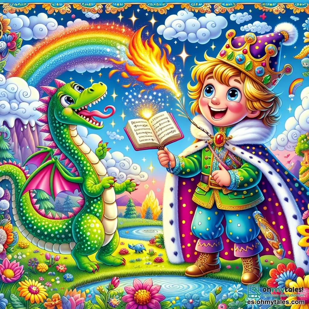 Un príncipe alegre, de unos 8 años, con una capa de lunares de colores y una corona ligeramente torcida, ríe a carcajadas mientras sostiene un libro de chistes. A su lado, un pequeño dragón verde con escamas brillantes y grandes ojos chispeantes lanza chispas de fuego riendo, con las alas desplegadas. En el fondo, una fuente mágica danza y salpica agua brillante, rodeada de flores multicolores que parecen cantar. El cielo es azul con nubes esponjosas y un arcoíris se extiende sobre la escena. La situación principal muestra al príncipe y al dragón preparando una gran fiesta de risas, rodeados de animales del bosque que se acercan para escuchar los chistes, creando una atmósfera alegre y festiva.