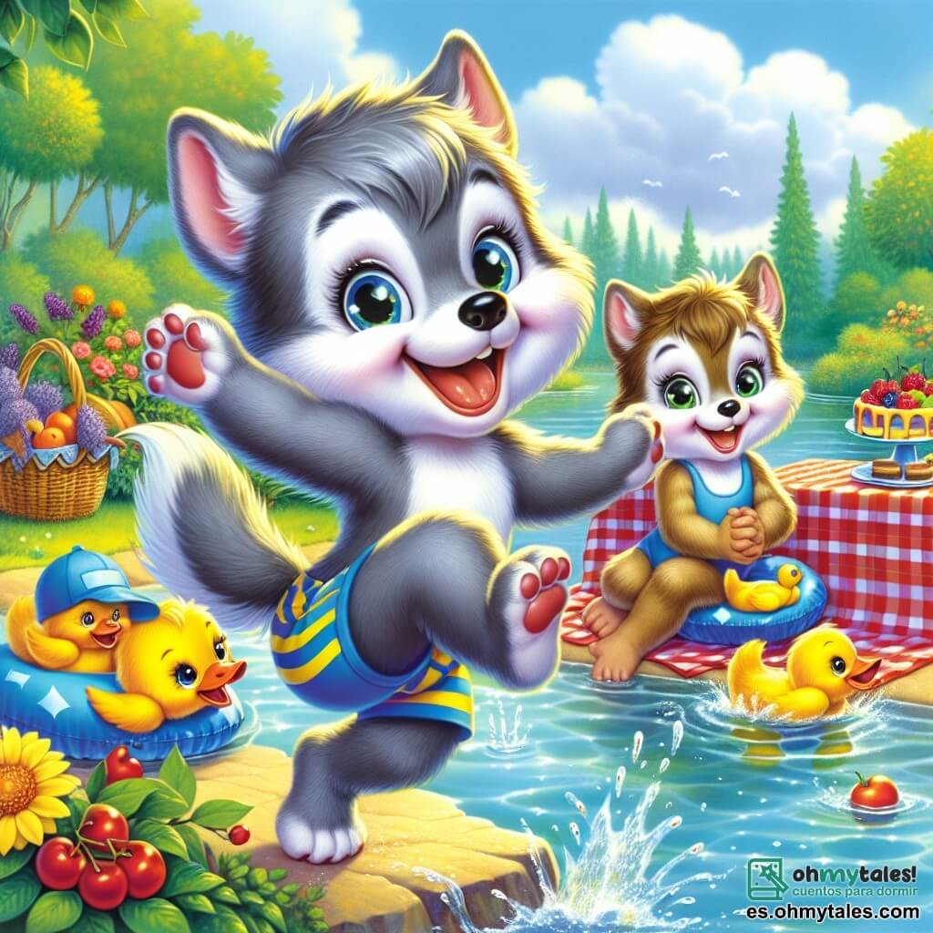 Un pequeño lobo llamado Lucas, con un suave pelaje gris y ojos brillantes de alegría, salta de felicidad al borde de un lago resplandeciente. Lleva un bañador a rayas azul y amarillo, y su amplia sonrisa muestra su emoción. A su lado, su hermana Lila, una pequeña loba de pelaje marrón y ojos brillantes, ríe sosteniendo un flotador de pato colorido, lista para zambullirse en el agua. Su mamá, una gran loba de pelaje sedoso, prepara un picnic sobre un mantel a cuadros rojos y blancos, con frutas jugosas y pasteles. Sus ojos están llenos de felicidad y amor. El lago está rodeado de exuberante vegetación, con flores coloridas que bailan bajo la suave brisa. El cielo es de un azul brillante, salpicado de algunas nubes blancas esponjosas. En esta escena alegre, Lucas y Lila se preparan para zambullirse en el agua fresca, mientras su mamá los observa con ternura, creando una atmósfera de felicidad familiar y aventura veraniega.