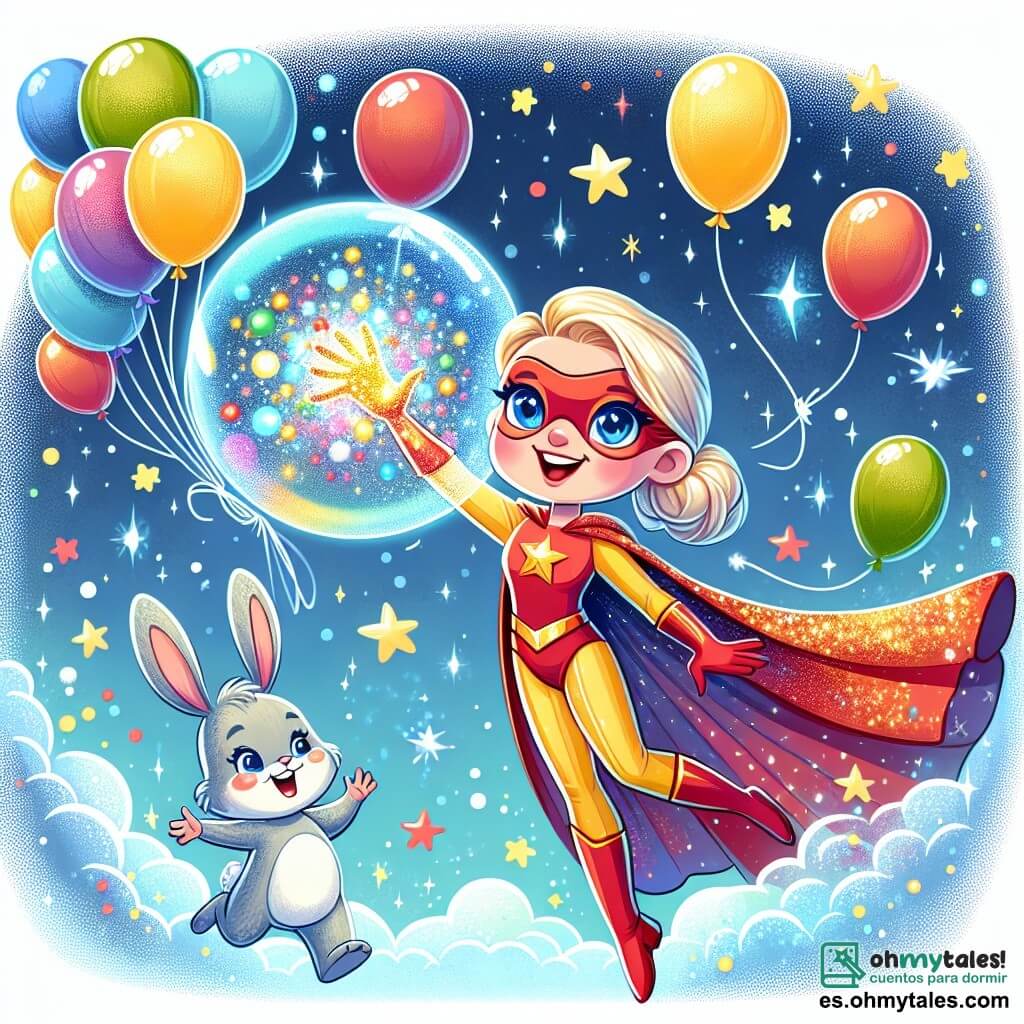 La superhéroe, Luz Estrella, es una mujer con cabello dorado brillante, ojos azules chispeantes y una capa roja flotante. Sonríe con determinación, los brazos levantados hacia el cielo, creando una burbuja luminosa para atrapar globos coloridos. A su lado, el pequeño Conejo Saltarín, un niño de 6 años, tiene grandes orejas y pelaje gris. Salta de alegría, los brazos abiertos, con una gran sonrisa en su rostro, mirando los globos descender hacia él. La escena se desarrolla en un cielo azul brillante, salpicado de nubes blancas esponjosas, donde estrellas centellean alrededor de Luz Estrella, creando un ambiente mágico. La situación principal muestra a Luz Estrella utilizando sus poderes para atrapar globos coloridos que se escapan con el viento, mientras Conejo Saltarín aplaude y espera con ansias atraparlos.