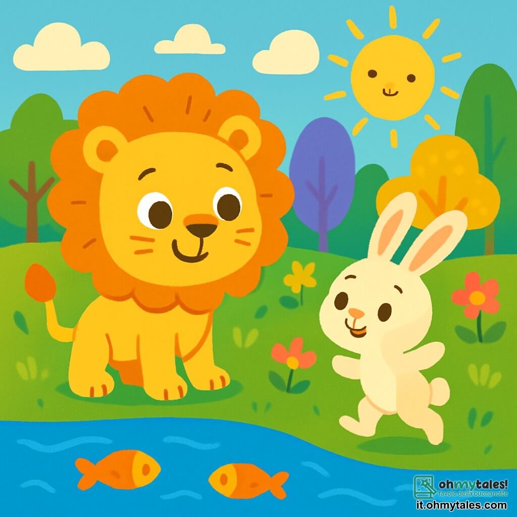 Un piccolo leone di nome Leo, con una criniera dorata e occhi pieni di curiosità, si trova sulla riva di un grande fiume blu. Ha un'espressione gioiosa e determinata, pronto ad attraversare l'acqua. Accanto a lui, un coniglio dalle grandi orecchie bianche e pelo morbido salta con entusiasmo, guardando Leo con ammirazione. Sullo sfondo, una foresta magica con alberi colorati e fiori brillanti si estende sotto un cielo soleggiato, creando un'atmosfera calda e accogliente. Leo e il coniglio si preparano ad attraversare il fiume, uniti dall'amicizia e dal coraggio, mentre pesci scintillanti nuotano felicemente nell'acqua chiara.