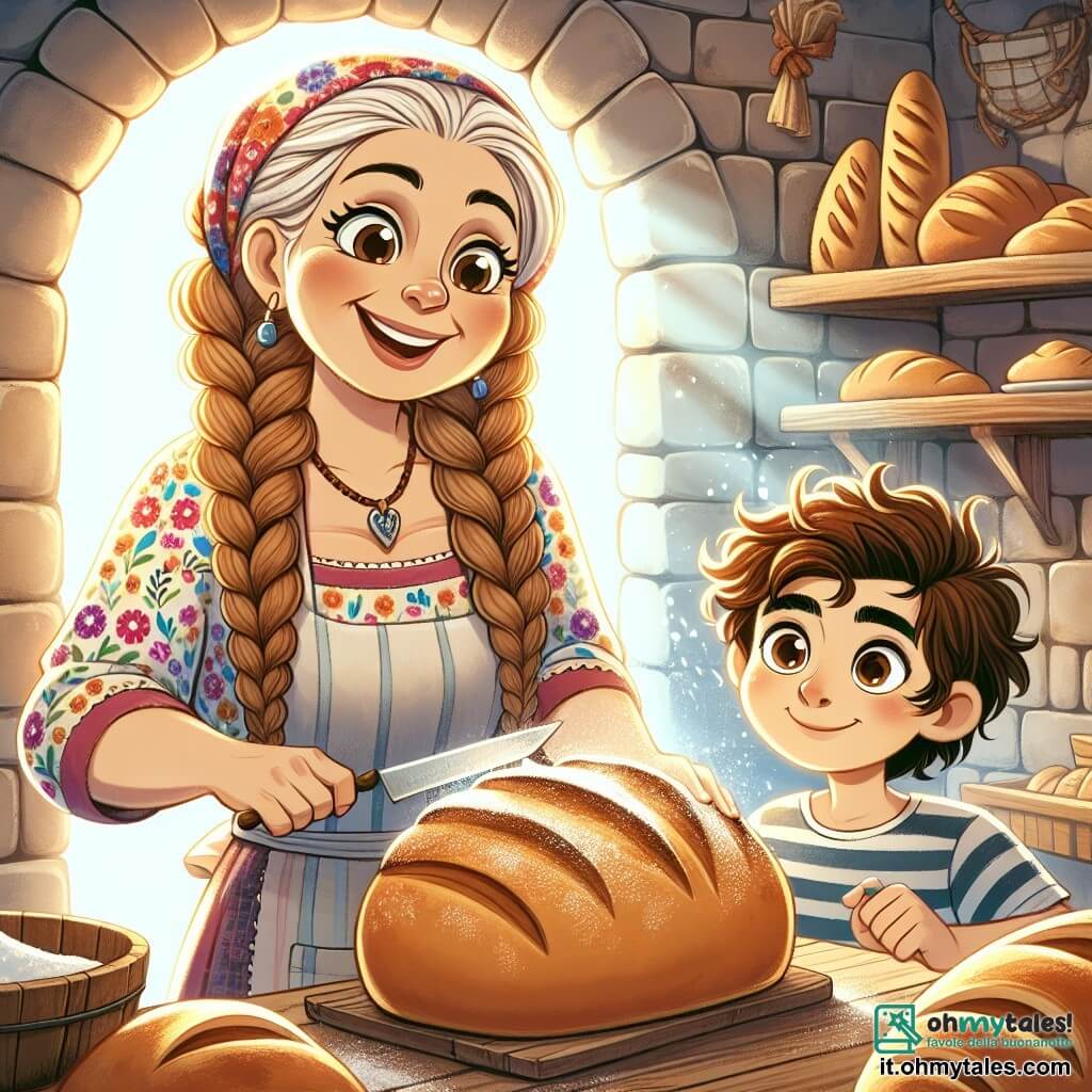 Marta è una donna gioiosa di circa cinquant'anni, con capelli biondi intrecciati e occhi brillanti di felicità. Indossa un grembiule colorato e floreale, sorridendo calorosamente mentre estrae una deliziosa pagnotta dorata dal forno, con un'espressione fiera e soddisfatta. Accanto a lei c'è Carlo, un ragazzino di nove anni, con capelli castani disordinati e occhi curiosi, che guarda con meraviglia la pagnotta. Indossa una maglietta a righe e un pantaloncino, tenendo un piccolo coltello da pane, pronto a gustare la creazione di Marta. La scena si svolge in un forno accogliente, con muri in mattoni rustici e scaffali in legno pieni di pane di ogni forma. La luce del mattino filtra attraverso una finestra, illuminando la farina nell'aria e creando un'atmosfera accogliente e conviviale. Marta e Carlo condividono un momento magico, mentre lei gli mostra come estrarre il pane dal forno, riempiendo l'aria di un profumo dolce di miele e noci, simboleggiando l'amicizia e la passione per la panificazione.