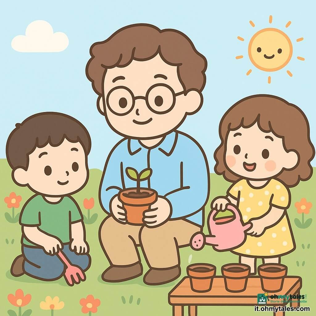 Un maestro sorridente e premuroso, capelli castani ondulati, occhiali tondi, giacca celeste e pantaloni beige, accovacciato tiene un vasetto di terracotta con un tenero germoglio tra le mani; alla sua destra una bambina di 6 anni, capelli castano ricci, vestito giallo a pois bianchi, annaffia con un piccolo annaffiatoio rosa con sguardo meravigliato; a sinistra un bambino di 5 anni, capelli corti neri, maglietta verde, tiene un piccolo rastrello di plastica e osserva il germoglio concentrato; il giardino della scuola è semplice e colorato con prato verde, aiuola fiorita, tavolo basso di legno con vasetti allineati, cielo azzurro e sole sorridente; scena calda e tranquilla in cui il maestro mostra come piantare un germoglio, gesti dolci, atmosfera gioiosa, composizione essenziale, colori pastello, contorni netti e forme tonde.