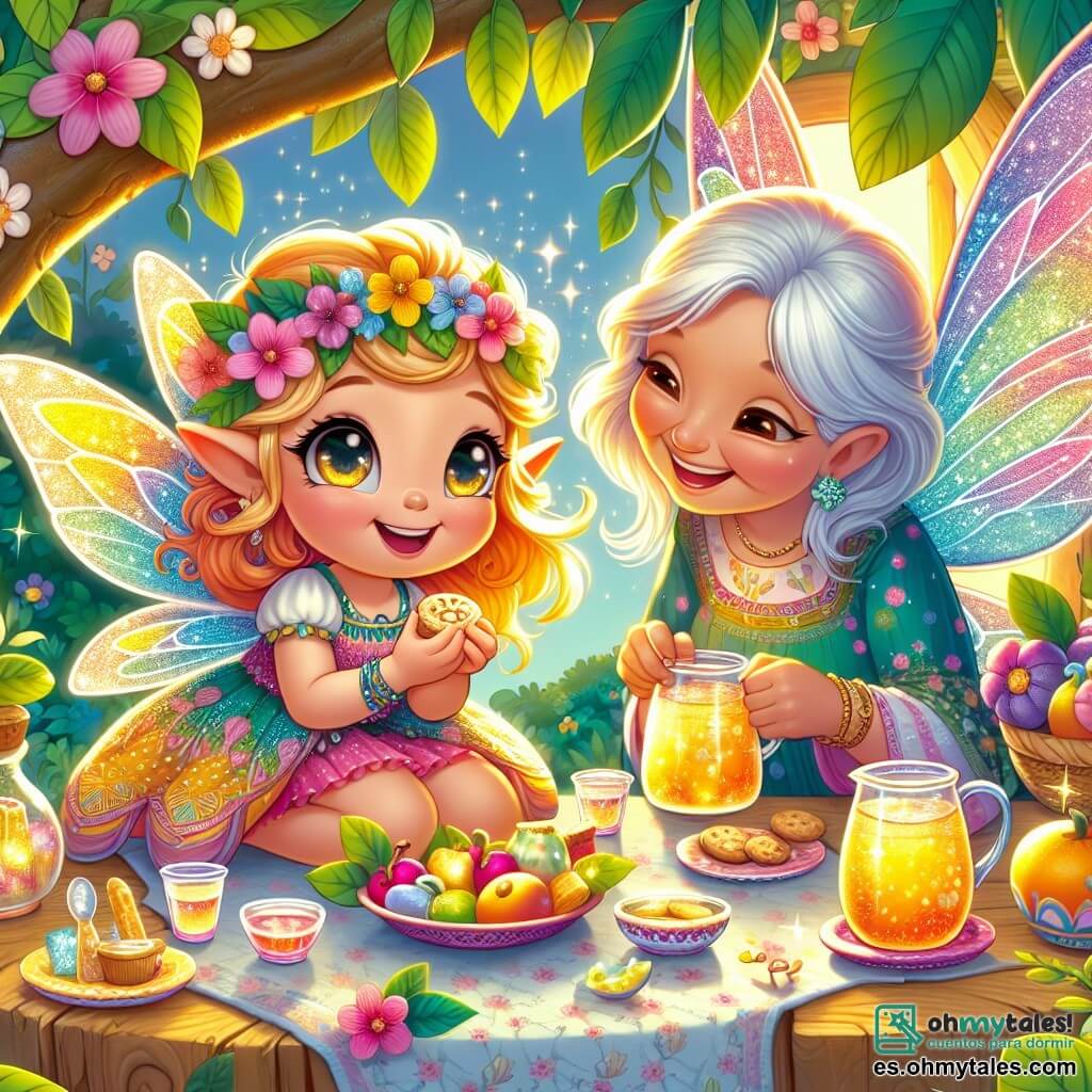 Lila, una pequeña duendecilla con alas brillantes y una sonrisa radiante, está sentada en una mesa hecha de pétalos de flores, con los ojos llenos de alegría y emoción. Lleva un vestido colorido adornado con motivos florales y sostiene una pequeña galleta en sus manos, lista para compartir. A su lado, su abuela, una duendecilla de alas plateadas, sonríe tiernamente, con los ojos llenos de dulzura, mientras sirve limonada burbujeante en pequeños vasos. El lugar es una encantadora casita situada en un árbol gigante, rodeada de hojas verdes exuberantes y flores brillantes, iluminada por la luz dorada del atardecer. La escena muestra a Lila y su familia compartiendo un iftar mágico, con platos coloridos de frutas y dulces que flotan alegremente a su alrededor, creando una atmósfera de fiesta y felicidad.