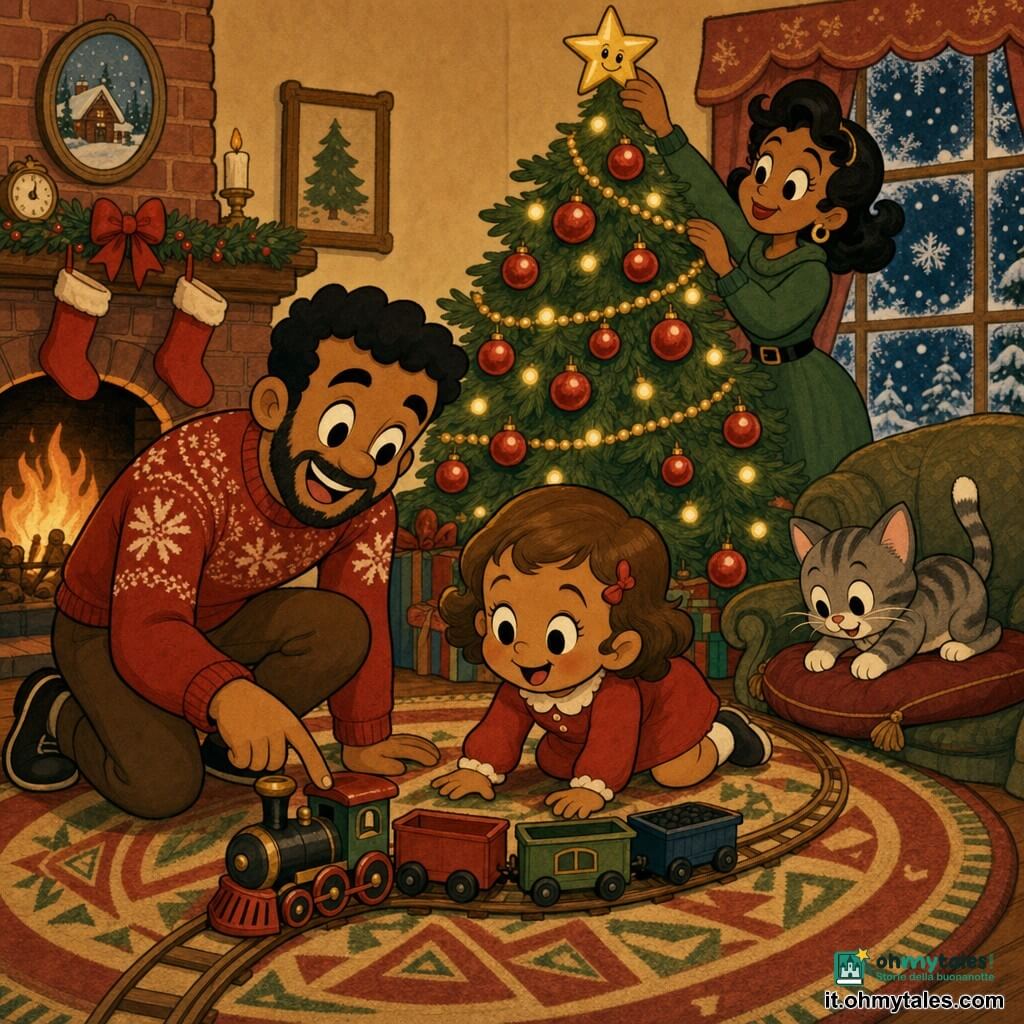 Bambina di 2 anni dai capelli corti castano chiaro con fermaglio rosso, occhi tondi e sorriso meravigliato, gattona vicino a un trenino di legno che gira attorno a un grande albero di Natale decorato; papà di circa 35 anni con lieve barba e maglione rosso a fiocchi è accovacciato a spingere il trenino, la mamma di circa 32 anni in vestito verde mette una stellina dorata sulla cima mentre osserva con tenerezza; un gattino grigio tigrato siede su un cuscino del divano a destra guardando il trenino; soggiorno caldo con camino in mattoni e calze rosse, tappeto geometrico e finestra ghiacciata con fiocchi di neve; scena calma e festosa di Natale, colori caldi, contrasti morbidi, stile cartoon retrò, atmosfera cocooning e gioiosa.