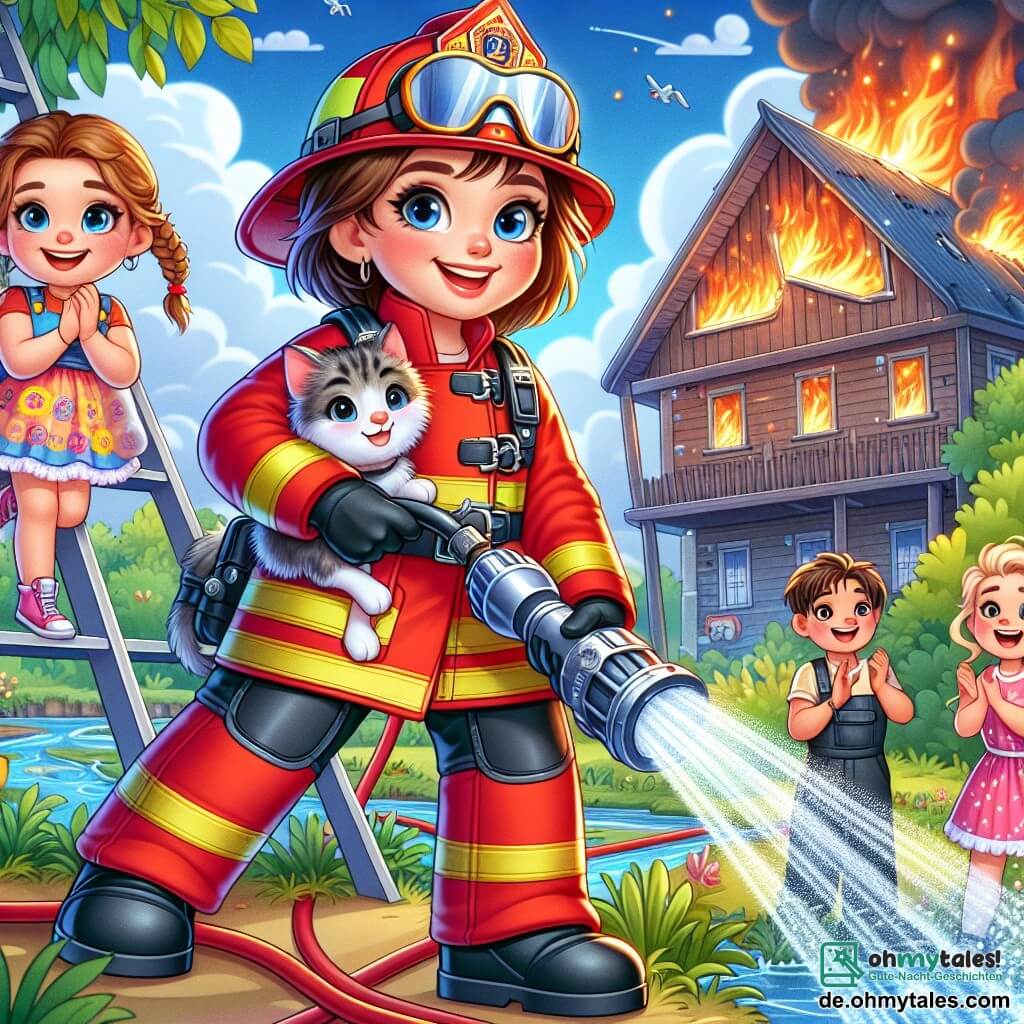 Eine Feuerwehrfrau, Lena, steht auf einer Leiter mit einem entschlossenen Lächeln im Gesicht. Sie trägt eine leuchtend rote Uniform, einen glänzenden Helm und schwarze Handschuhe und hält einen leistungsstarken Feuerwehrschlauch. Zu ihren Füßen schaut ein 8-jähriger Junge, Max, mit bewundernden, weit aufgerissenen Augen auf sie, während er ein kleines graues Kätzchen in seinen Armen hält. Neben ihm applaudiert ein 7-jähriges Mädchen, Mia, mit blonden Zöpfen und einem bunten Kleid, freudig und mit rosigen Wangen vor Aufregung. Die Szene spielt sich vor einer alten Holz-Mühle ab, deren Dach in Flammen steht, umgeben von üppigem Grün. Der Himmel ist blau mit einigen weißen Wolken, und orange-rote Flammen tanzen in der Luft, während ein großer Wasserstrahl die Umgebung bespritzt und einen schimmernden Regenbogen erzeugt. Lena, konzentriert und mutig, nutzt den Schlauch, um das Feuer zu löschen, während Max und Mia sie enthusiastisch und mutig anfeuern.